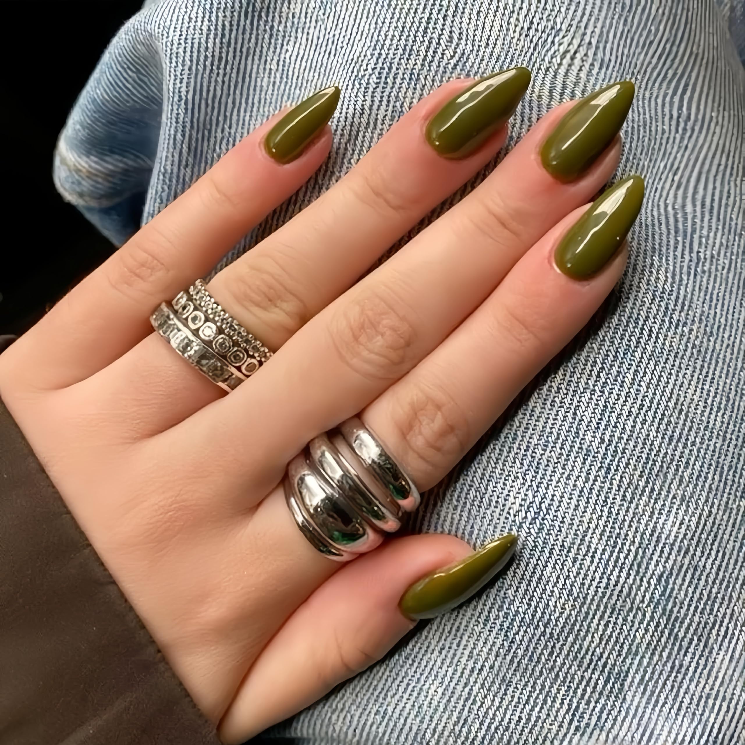 KQueenest Soft Gel Press on Nails Almond Medium, Olive Green False Nails Almond