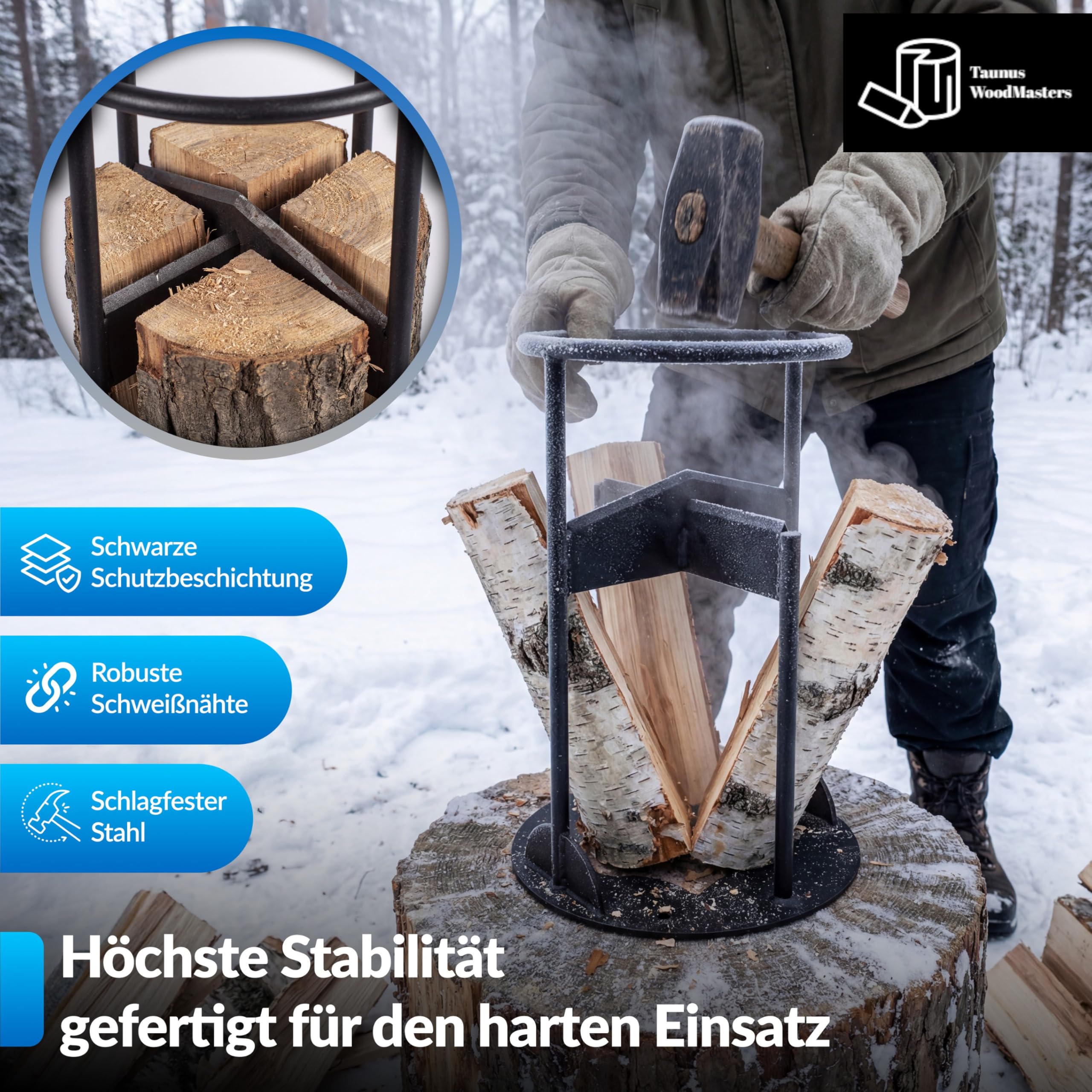 Manuelles Holzspalter Set – Handholzspalter mit Bodenanker, Transportnetz und Schleifstein – Sicher Holz spalten ohne Strom – Taunus Woodmasters