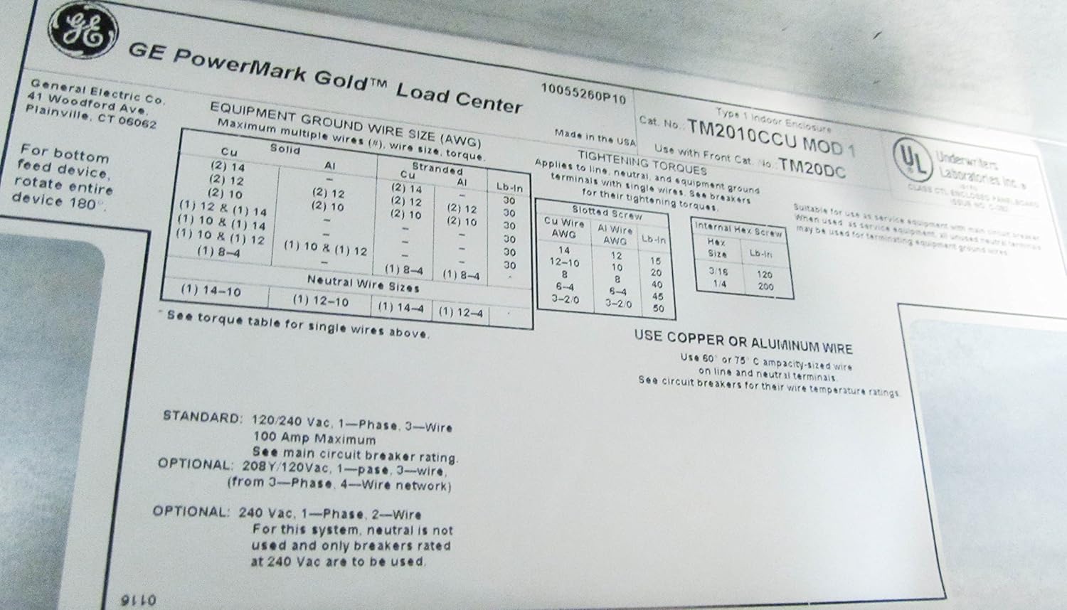 GE Energy Industrial Solutions TM2010CCU Main Breaker Installed Load Center Combination Cover, 100-Amp - Electrical Grounding Bars - 