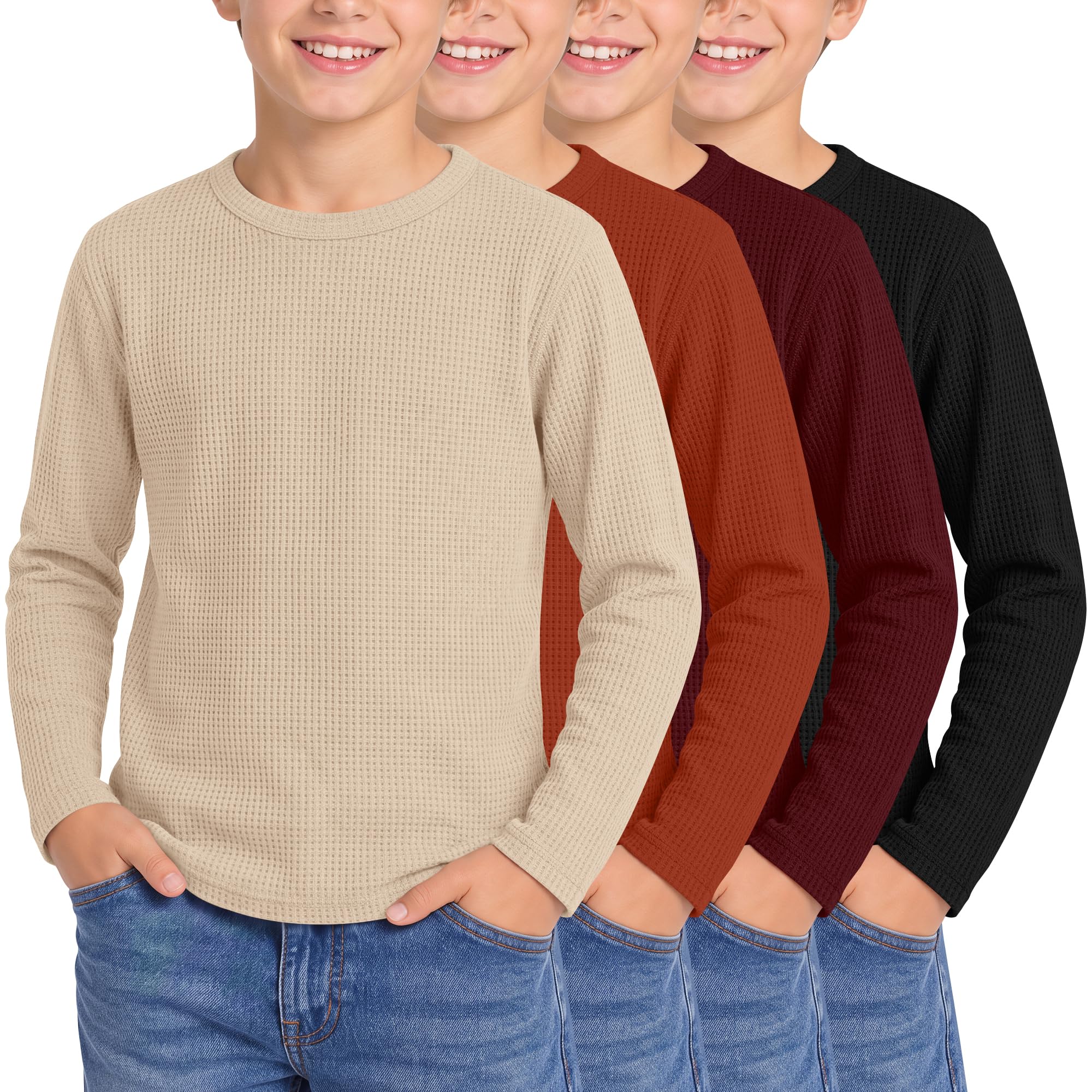 4 Pack Boys Long Sleeve Waffle Knit Thermal Shirts