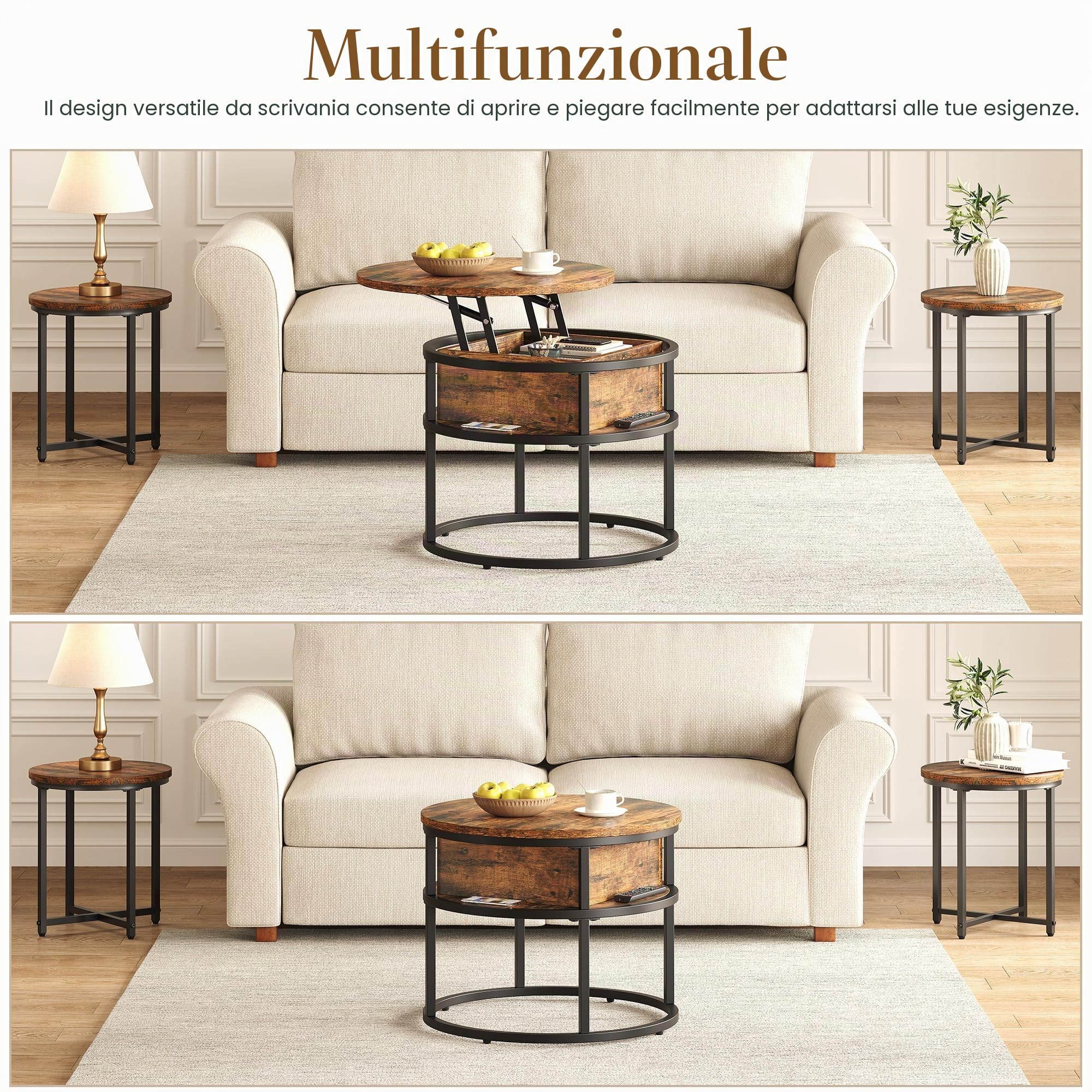 YITAHOME Tavolino Salotto Sollevabile, Tavolo da Caffè Rotondo con Scomparto Nascosto, Tavolino Soggiorno Moderno 60x60x47cm