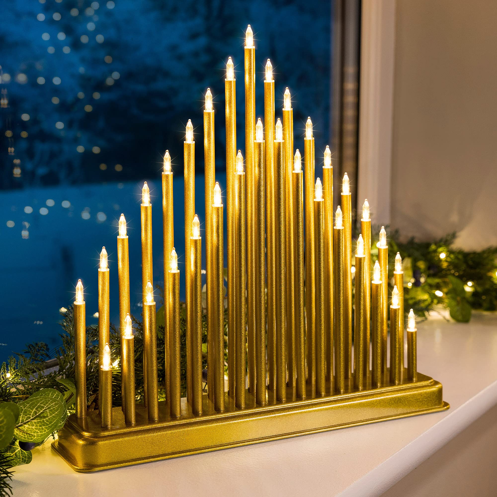 Christow Gold Candle Bridge Tower Christmas Decoration, Battery Operated With Timer, 33 Warm White Led Window Light