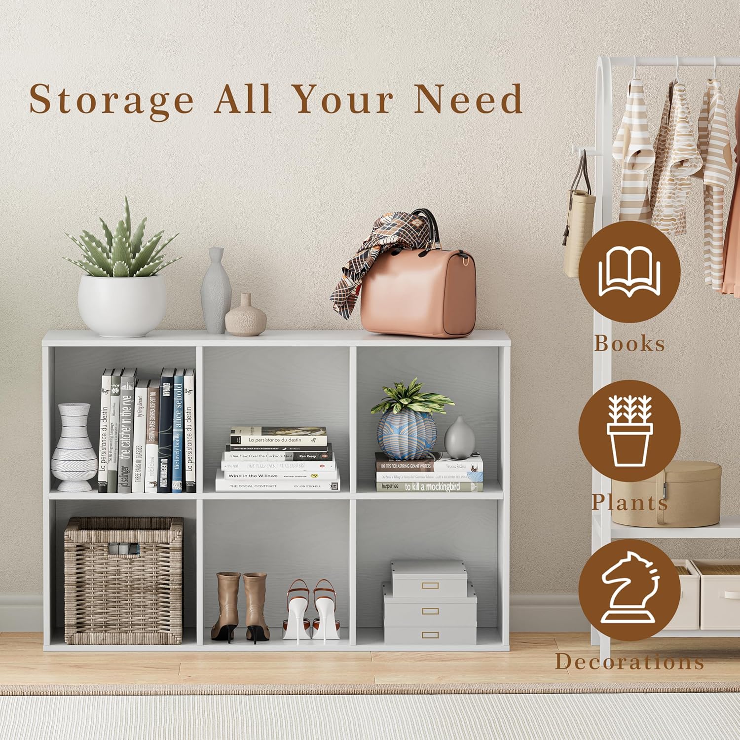 Wooden Cube Storage Organizer with Closed Back Panel, 11in Cube Shelf Opening, Bookshelf, Display Shelf,Closet Cabinet for Home and Office (Embossed White, 6-Cube 35.98L*9.45W*24.09H)