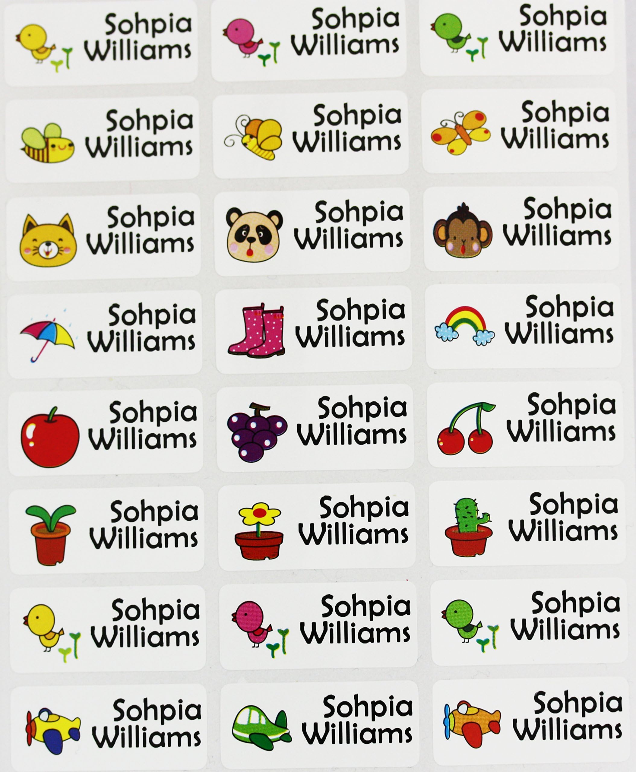 45 Icon Design Personalised Stick on Waterproof - Water Bottle Name Tags/Labels with Fun Designs for Kids for Stationary, Lunch Boxes, folders etc