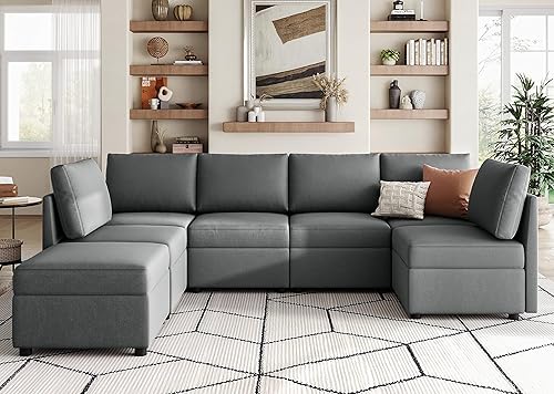 LINSY HOME Sofá modular modular, sofá de gran tamaño en forma de U con almacenamiento, espuma viscoelástica, seccionales modulares con otomanos, 7