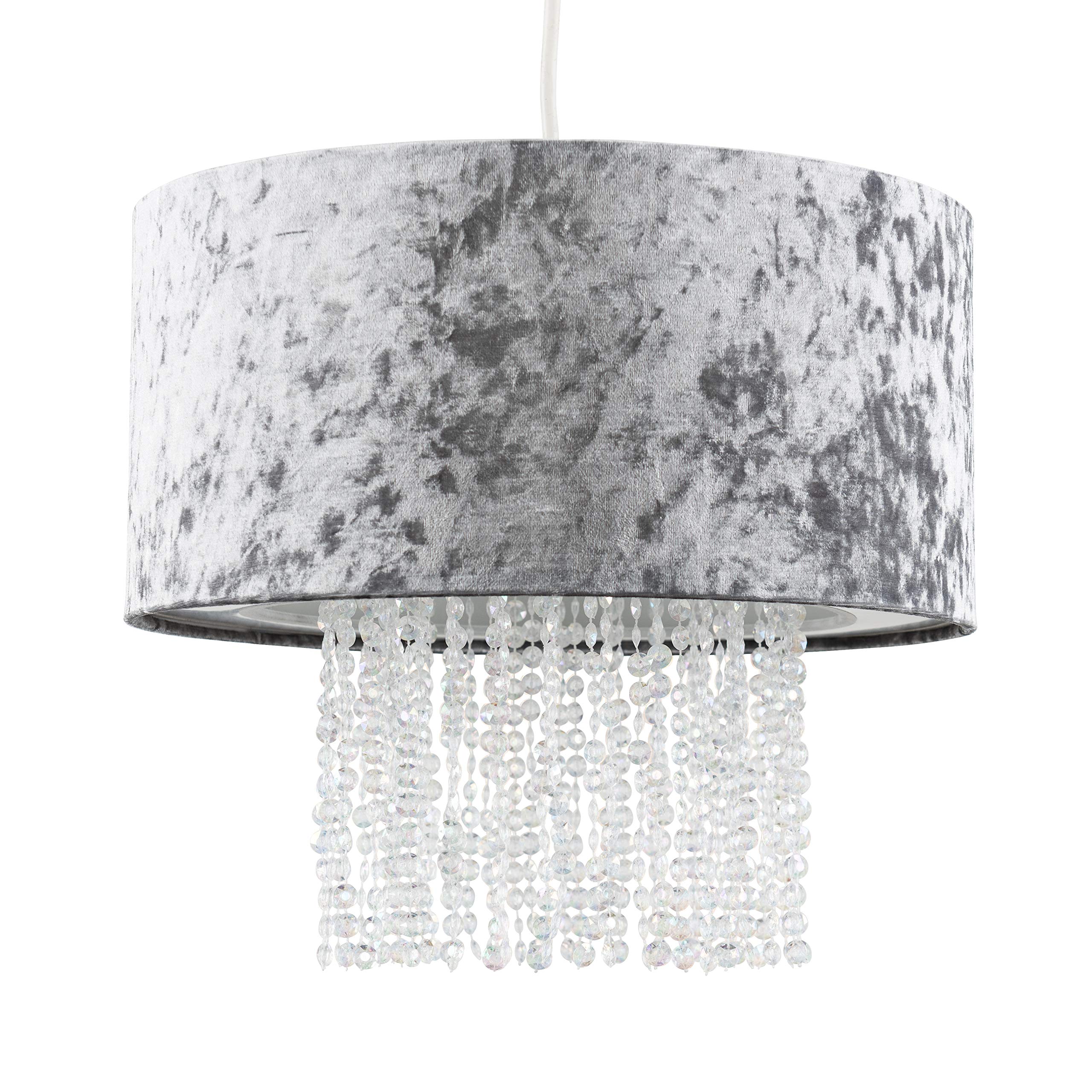 MiniSun | Modern Silver Grey Velvet Ceiling Light Shade with Clear Acrylic Droplets | Pendant Lights, Home Décor & Improvement Essential | 330mm Shade Width