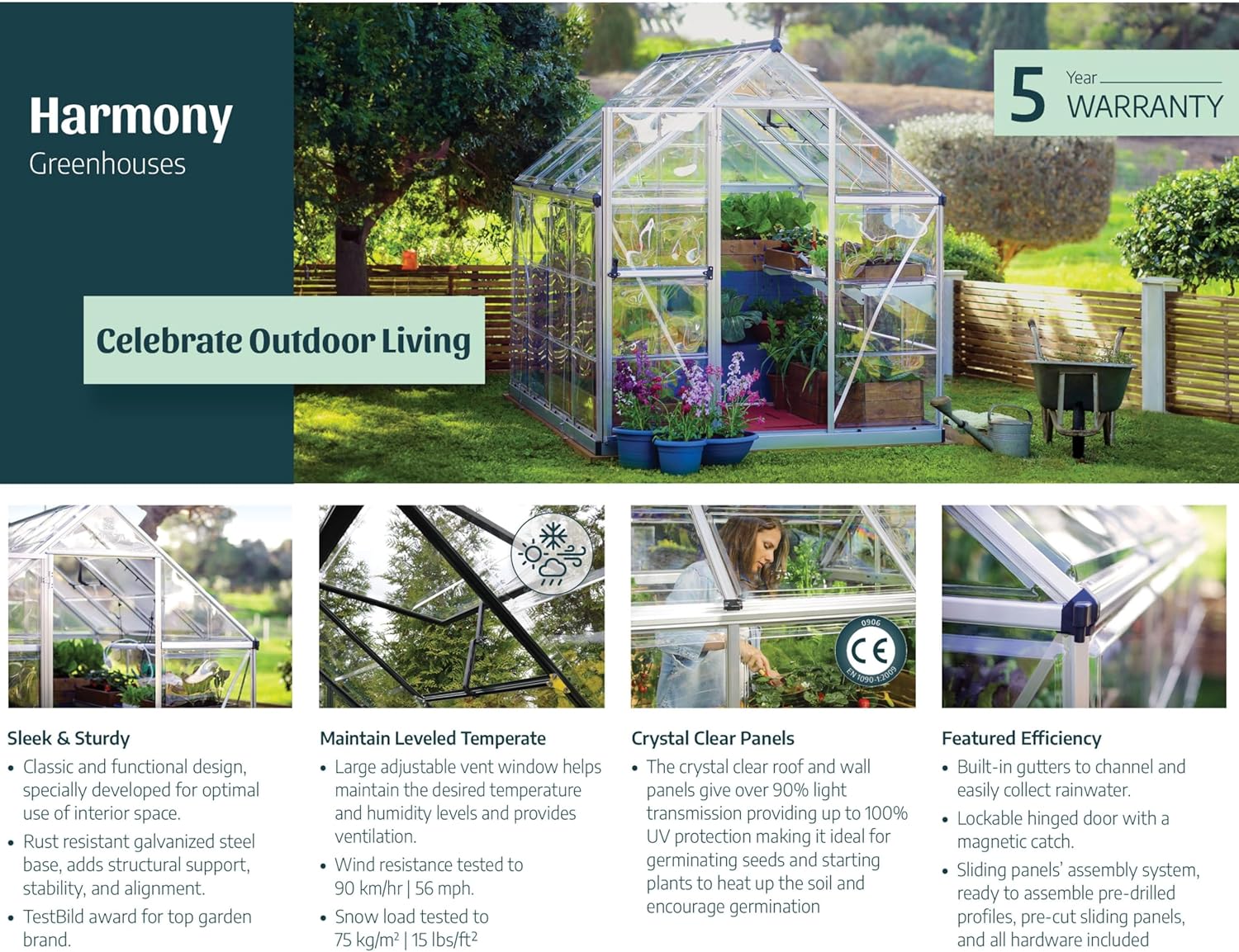 Palram - Canopia Harmony 6 x 8 ft. DIY Greenhouse Kit, Gray Frame Clear Panel Polycarbonate Greenhouse with Roof Vent, Walk-in Green House for Outside Garden Backyard