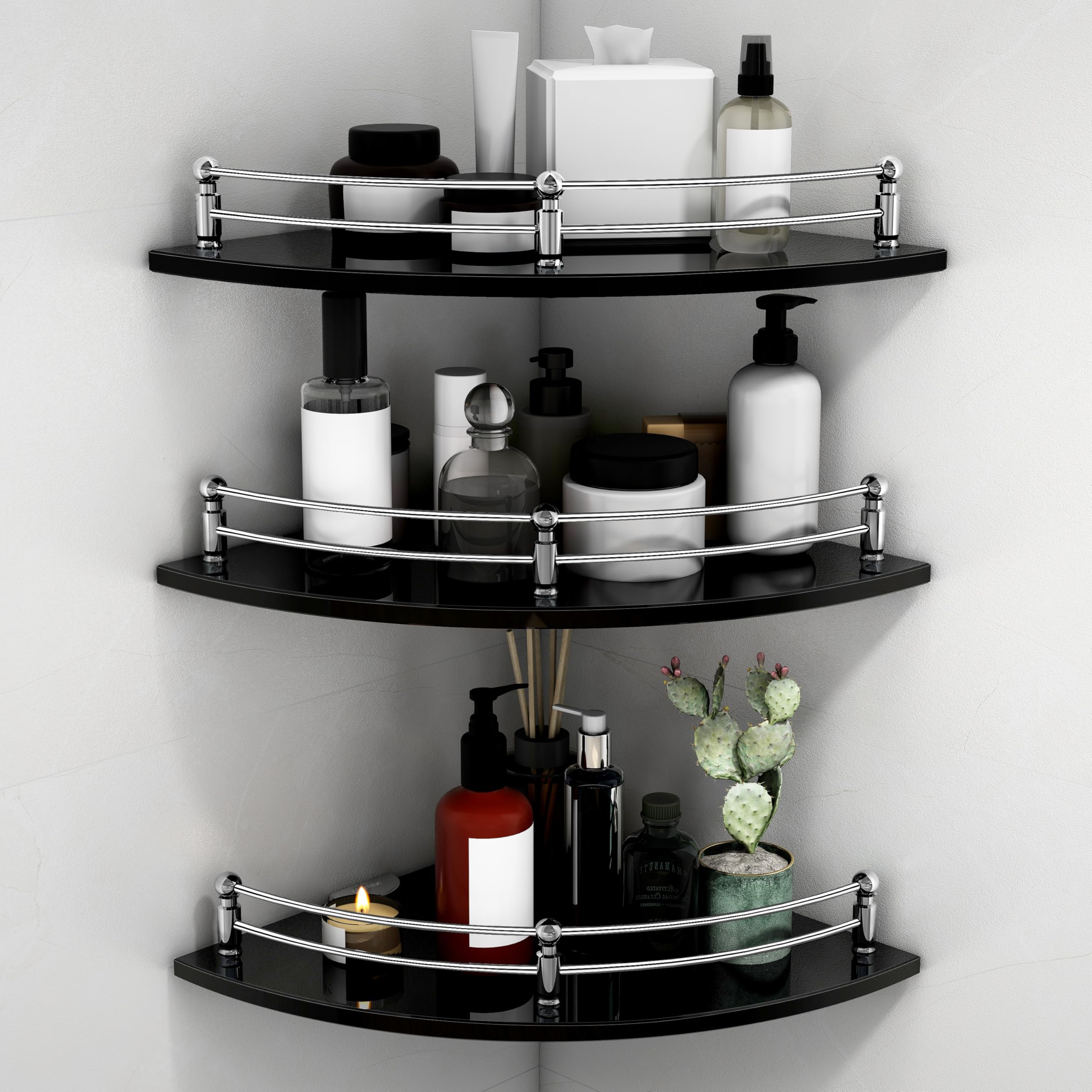 Plantex Premium Glass Corner Shelf for Bathroom/Glass Shelf for Living Room/Bathroom Corner Shelf/Kitchen Glass Shelf/Storage Organiser/Kitchen Shelf Rack -(Black -12 x 12 Inches - Pack of 3)
