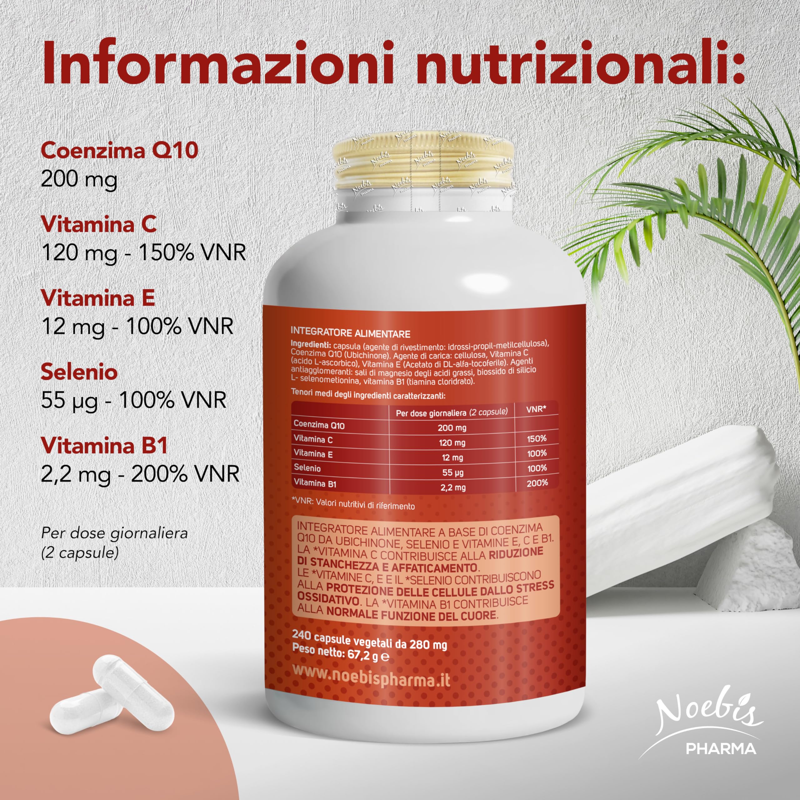 Noebis Pharma Coenzima Q10 Complete 200 mg per Dose – 480 Capsule Vegetali (2 x 240) con Vitamine C, E, B1 e Selenio – Confezione Doppia