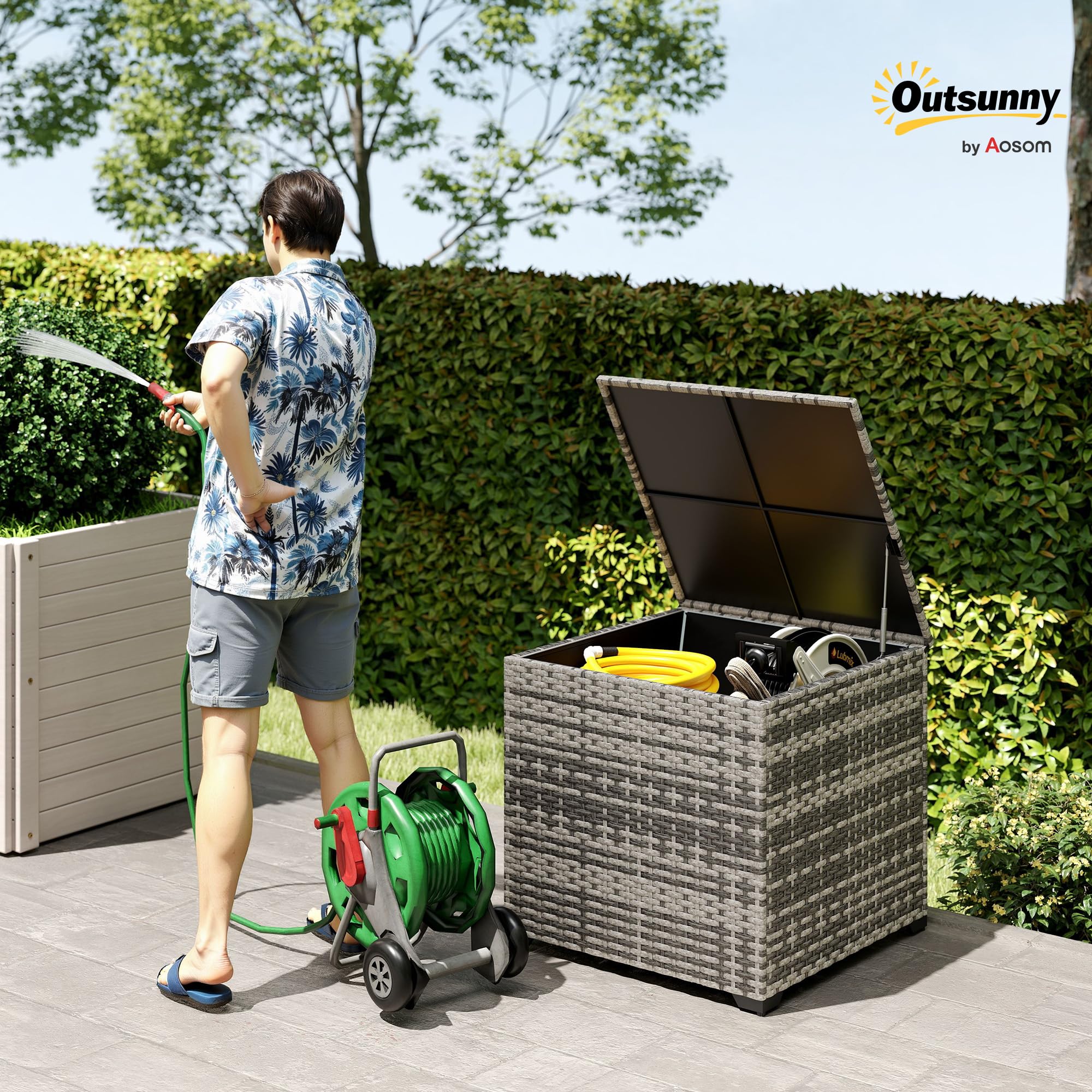 Outsunny 253L Garden Storage Box, Rattan Deck Box with Waterproof Zipped Liner, Safe Pneumatic Rod, Patio Rattan Storage Container for Backyard Gardening Tools, Mixed Grey - 3