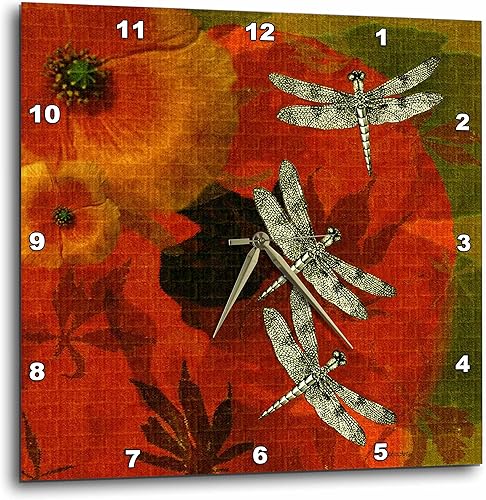 Reloj de pared 3D con diseño de amapolas y libélulas, 10.0 x 10.0in