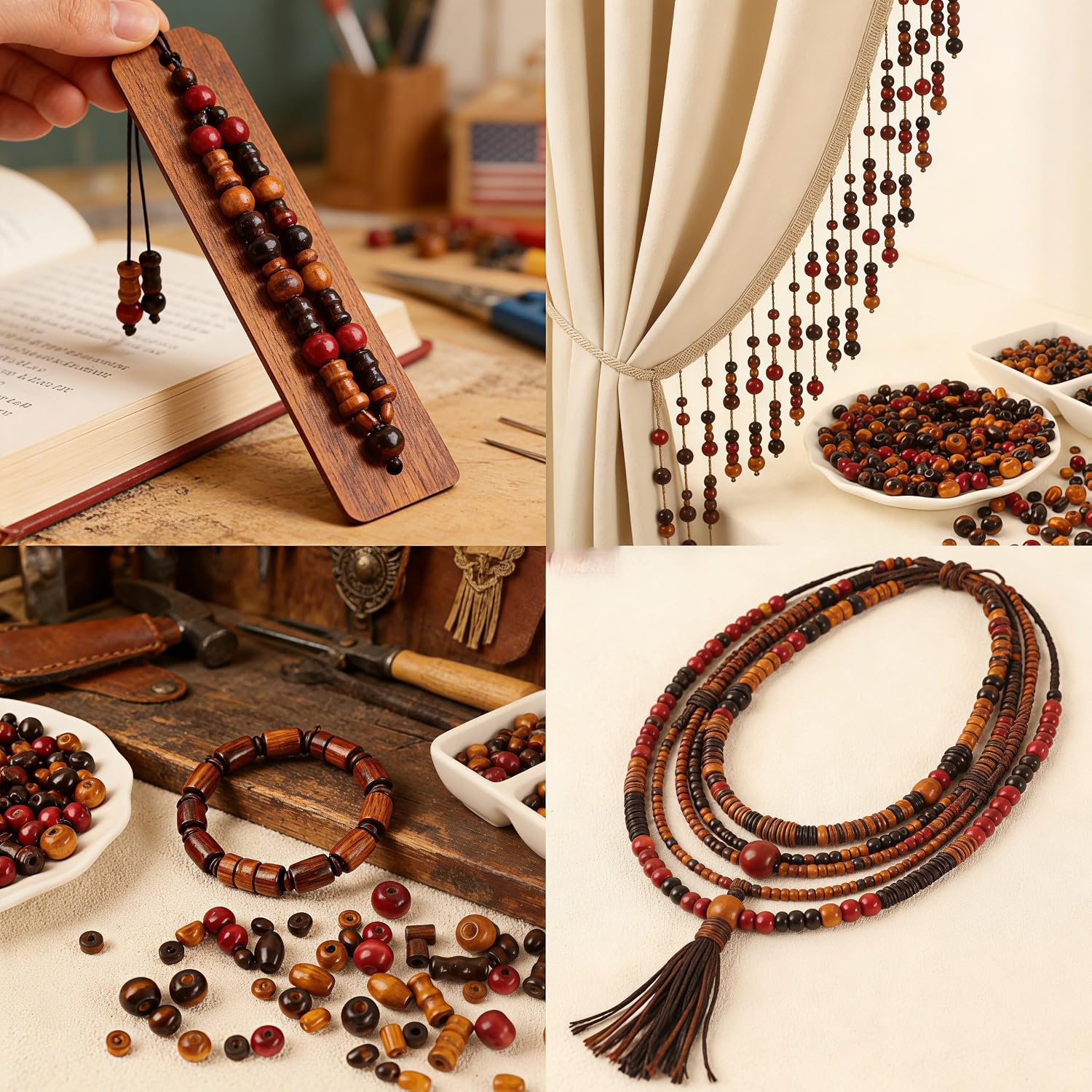 DAHI 150g Wooden Beads, Mixed Dark Vintage Wooden Beads for Jewelry Making, Natural Wood Craft Beads with Flat Spacer Beads for Macrame Decorations DIY Jewelry Making, Bracelets