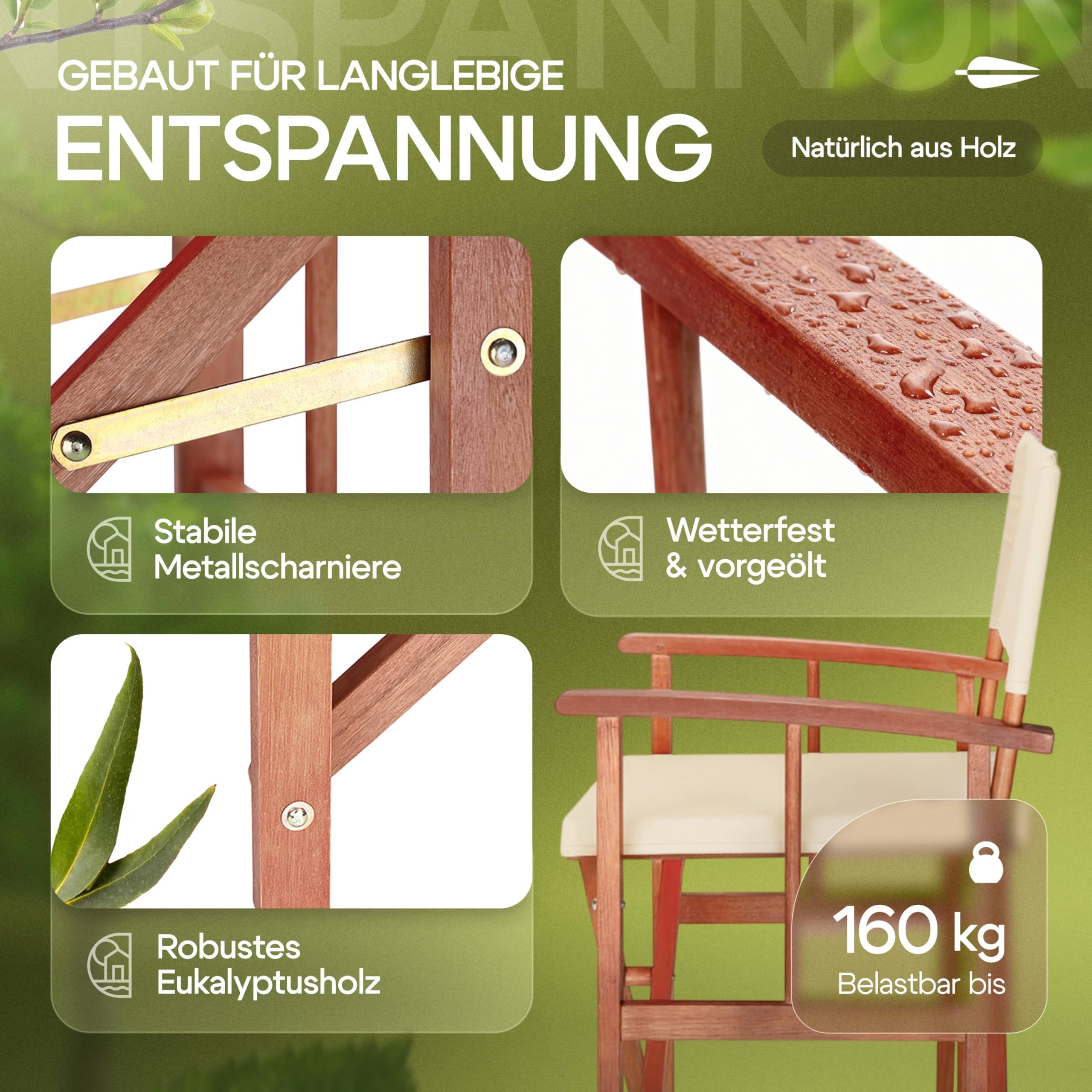 CASARIA® Silla de Director Plegable Set de 2 Madera de Eucalipto Certificación FSC® con Reposabrazos Carga hasta 160 kg Funda Lavable Altura Asiento 46 cm Exterior Jardín Balcón Camping