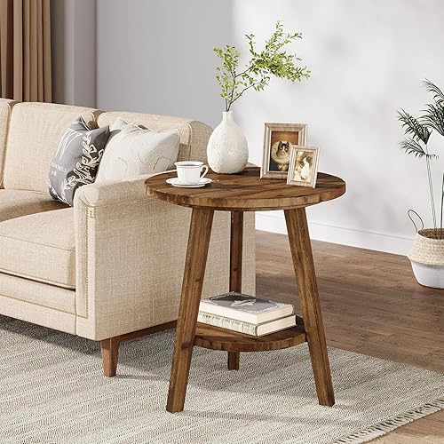 Miniatura 4 de Mesa auxiliar redonda de madera maciza, mesa auxiliar de sofá con estante de almacenamiento, mesita de noche de granja para sala de estar,