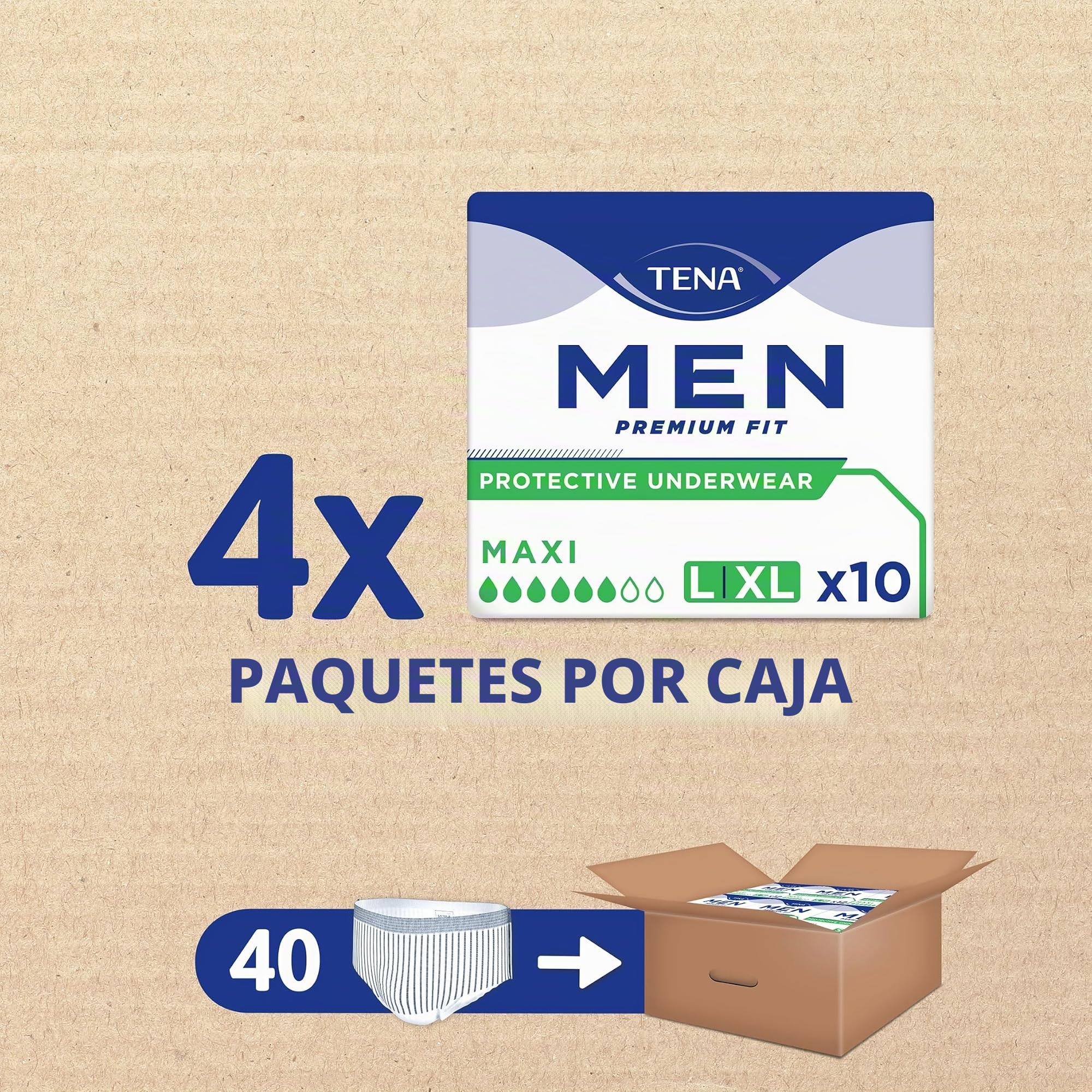 Tena paquete de calzoncillos para pérdida urinaria, hombre, talla L - paquete de 40 | Para fugas de orina pesadas, 40 pares de bragas de incontinencia para hombre, estilo masculino y discreto