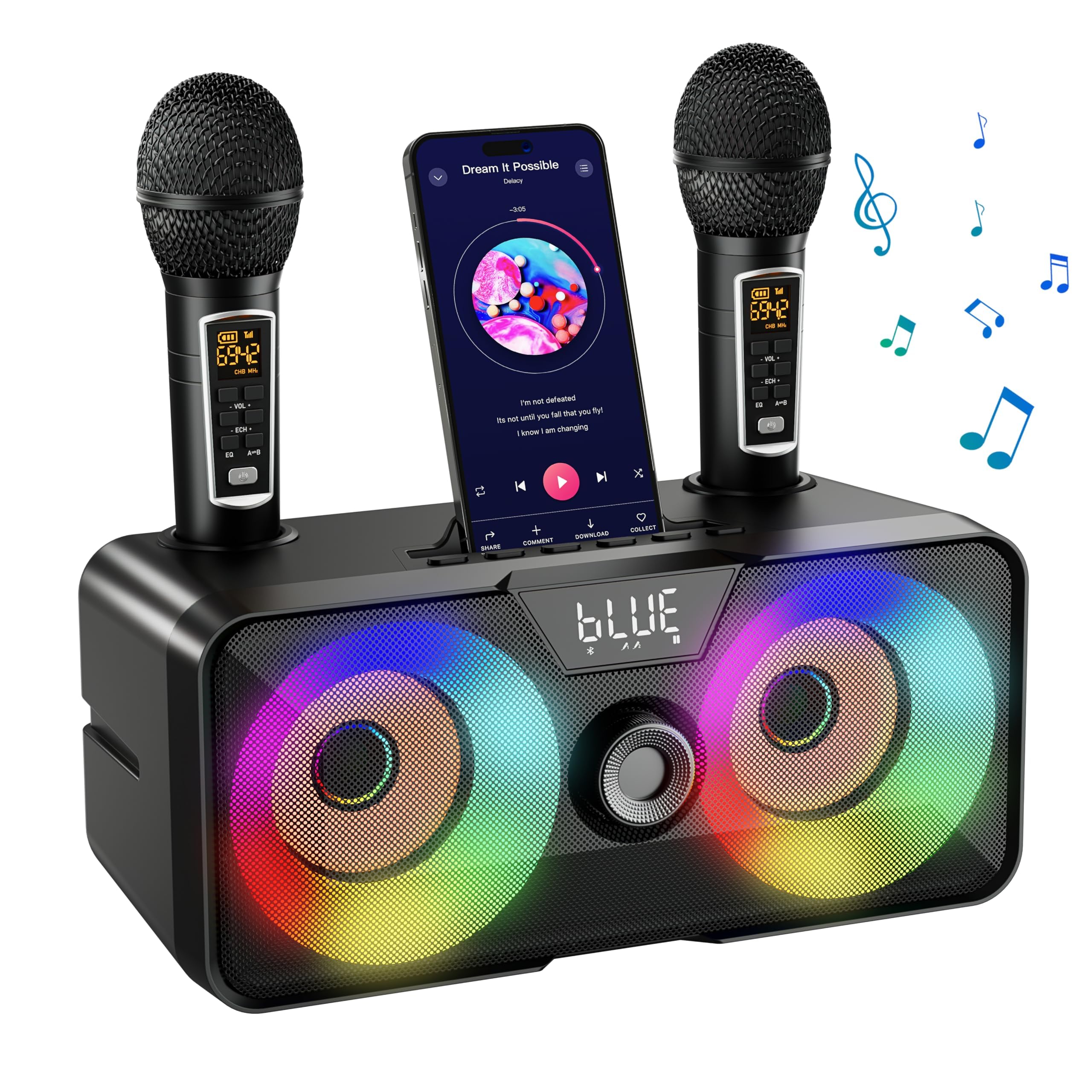 Excefore Karaoke Machine with 2 UHF Wireless Microphones for Adults Kids, Portable Bluetooth Singing PA Speaker System with LED Lights for Home Party, Karaoke, Wedding, Birthday