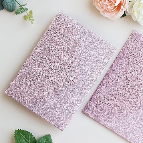 Miniatura 6 de Hosmsua 50 bolsillos de invitación de flora de encaje con purpurina morada, 5.12 x 7.2 bolsillos de invitación de quinceañera cortados con láser con