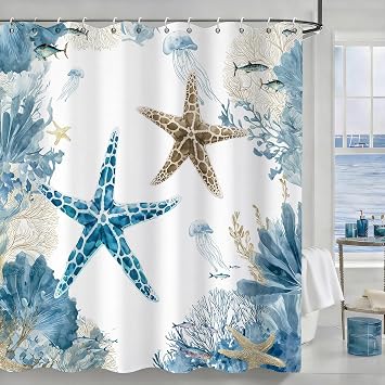 Blue Beach Shower Curtain for Bathroom, Ocean Coastal Theme, 72x72 In | Summer Style, Waterproof Fabric, Apartment Hotel Decor