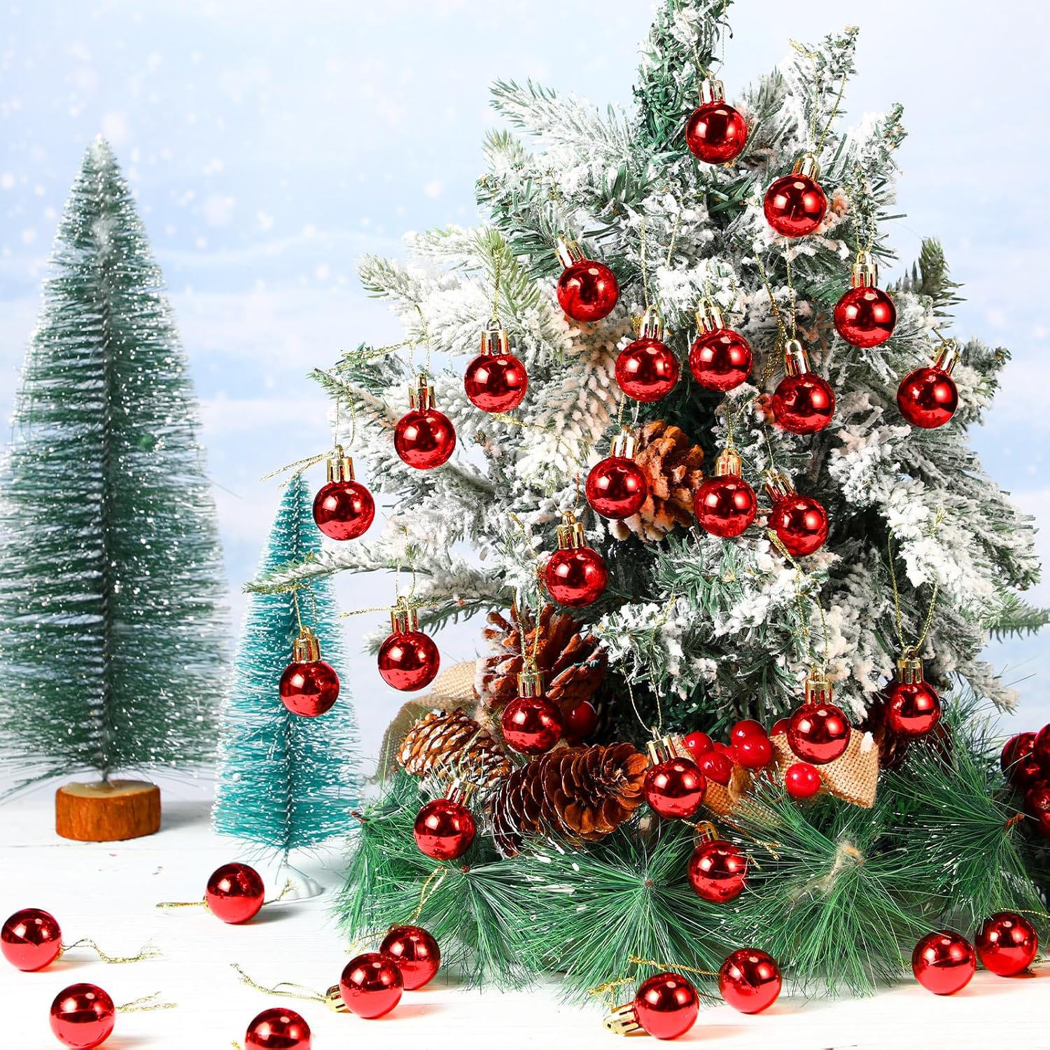 Poen 200 Pieces Mini Christmas Ball Ornaments 0.79 Inch Xmas Tree Balls Colorful Miniature Tree Ornaments Plastic Pendant for Holiday Party Decoration(Bright Red,0.98 Inch)