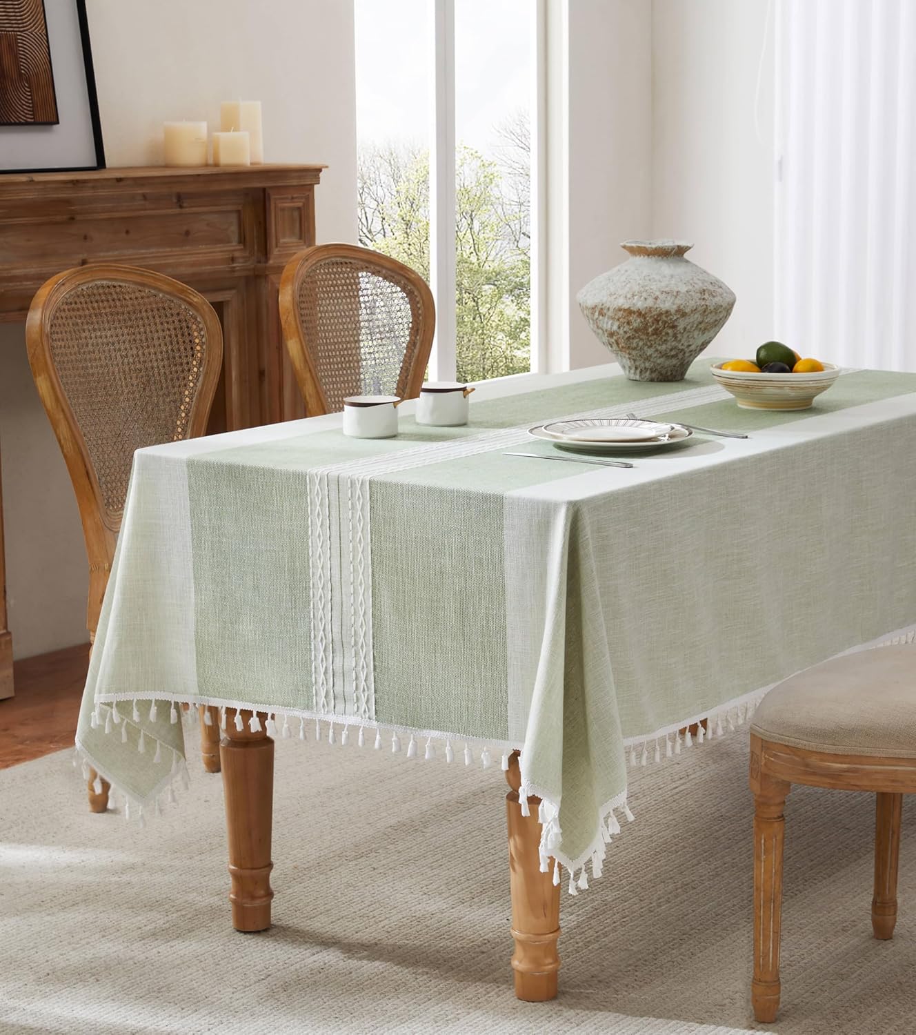zeemart contrast linen table cloth square table cloths 60x60 inch mid-stripe green, farmhouse style heavy weight sage green tablecloth, water resistant burlap tablecloths mid-stripe green 60" x 60" (square)
