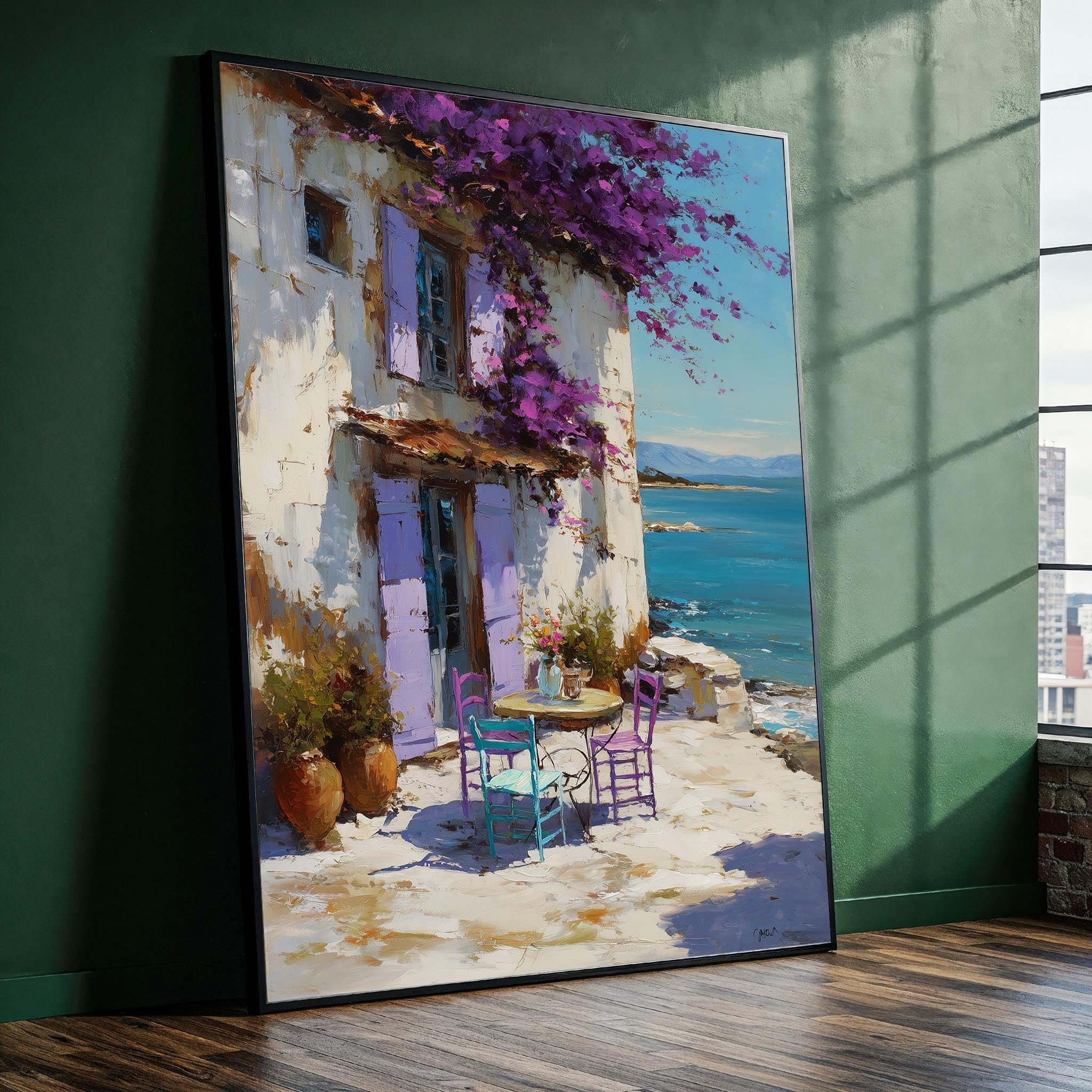 Xinbao Frameless Mediterranean Coastal Canvas Wall Art - Seaside Cottage Canvas Prints - Summer Patio Painting - Beach House Wall Decor(21X30cm/Frameless)