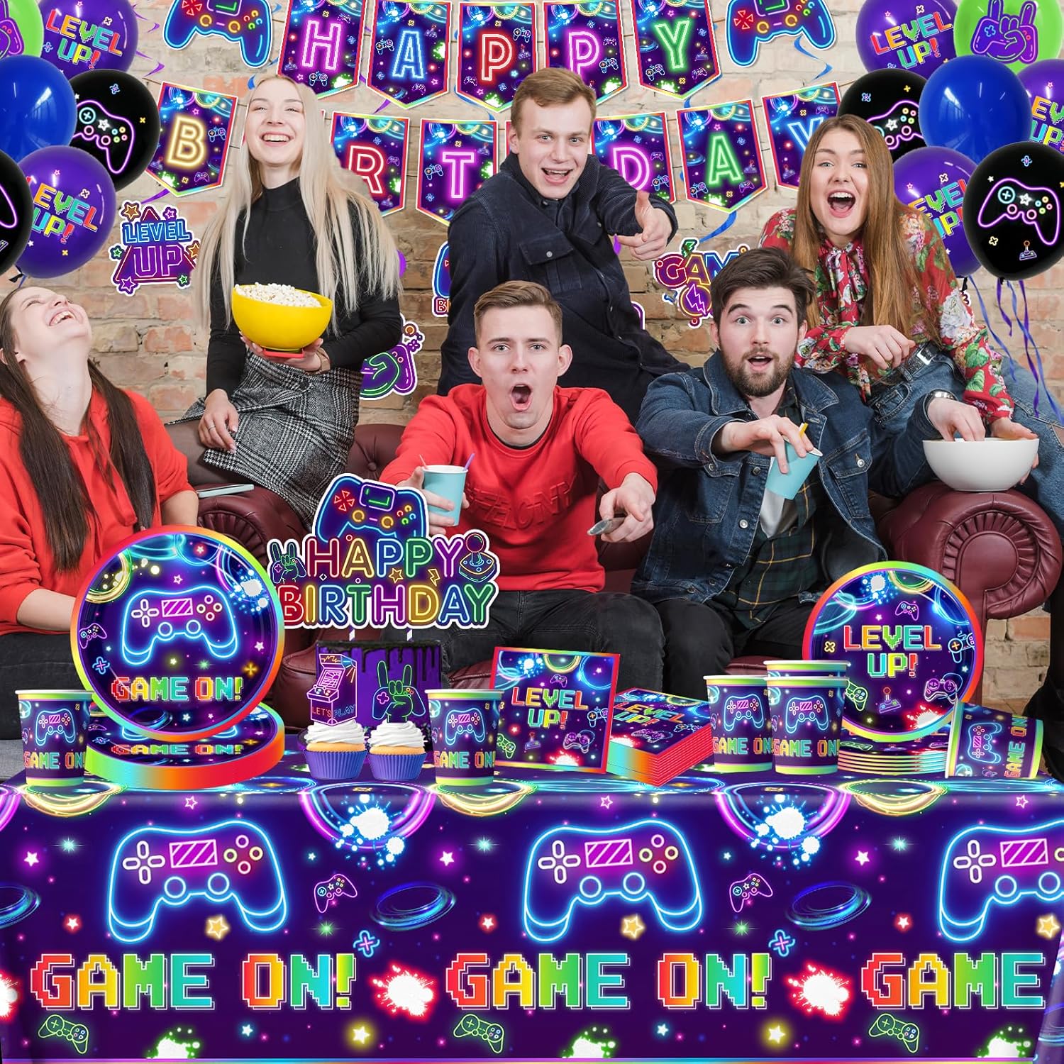 Video Game Birthday Decorations, 197Pcs Gaming Party Decorations Include Plates Napkins Cups Banner Tablecloth Honeycombs Cake Toppers Hanging Swirls for Boy Gamers Birthday Party