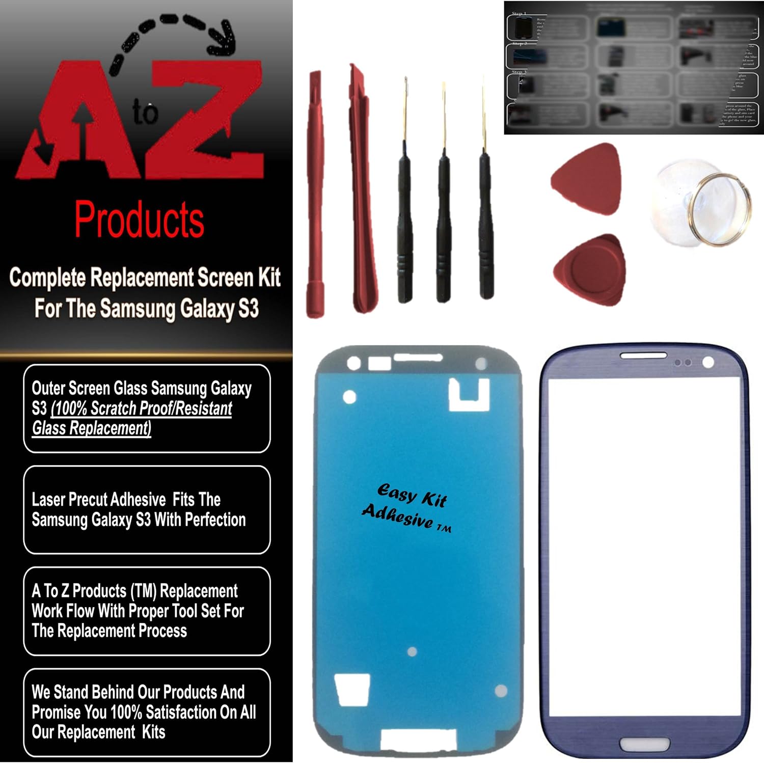 Premium Screen Replacement for Samsung Galaxy S3 EasyKit Adhesive (TM) Pebble Blue Lens & Repair Kit S3 i9300 (AT&T/Verizon/Sprint/T-Mobile/US Cellular/Metro Pcs) I747 T999 I939 I535