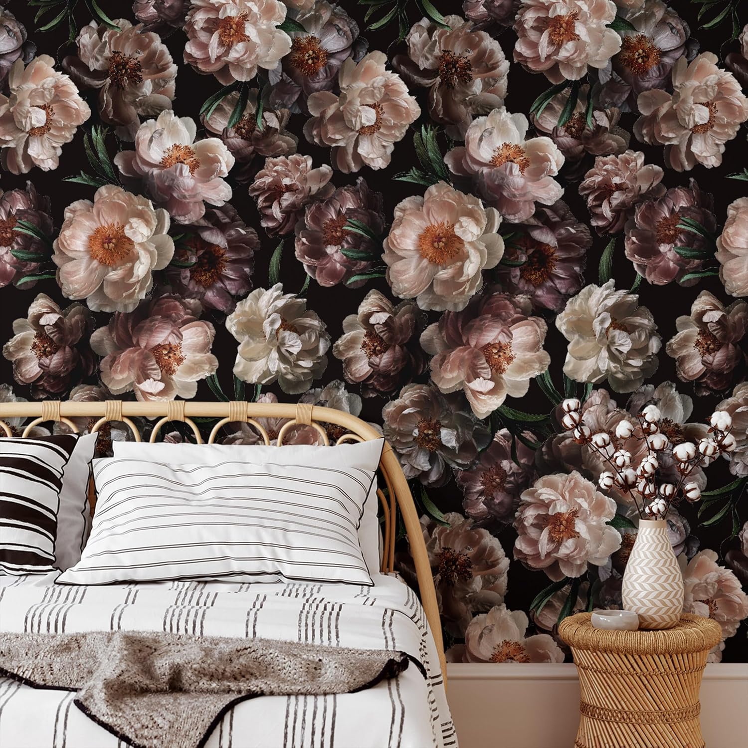 Dark Floral Peel and Stick Wallpaper Boho Balck Self Adhesive Wallpaper Peony Flower Contact Paper Vintage Leaf Removable Wall Paper for Bedroom Cabinet Drawers 17.7"x118"