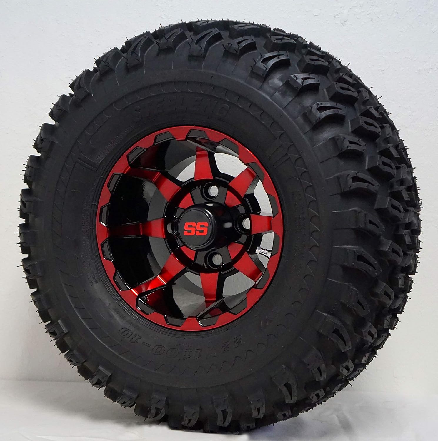 10" VORTEX Gloss Black/Red Golf Cart Wheels and 22x11-10" All Terrain Golf Cart Tires Combo - Set of 4