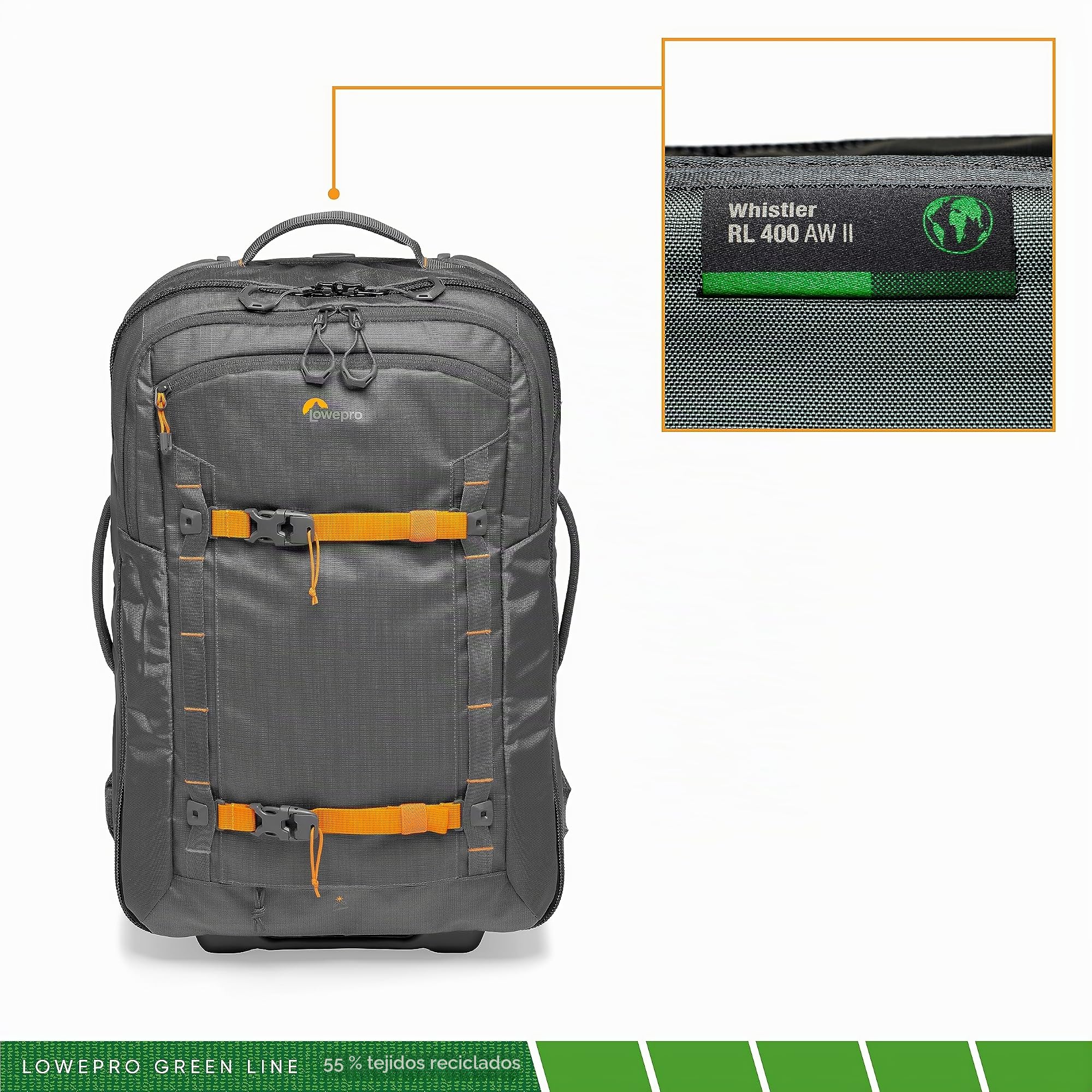 Lowepro Whistler RL 400 AW II, Maleta con Ruedas Fotográfica con Tejido Reciclado, Ruedas Resistentes, Todos los Clima, Cámara Profesional, Espacio para Portátil de 15", Cámara Mirrorless/DSLR, Gris
