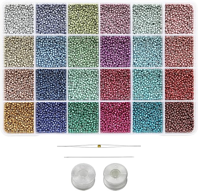 Bala&Fillic 11/0 Opaque Matte Color Seed Beads, 24 Colors Total 14400 pcs in Box Craft Seed Beads with Beading Tools for Jewelry Making Bracelets and Earrings (600pcs/Color,24 Colors)