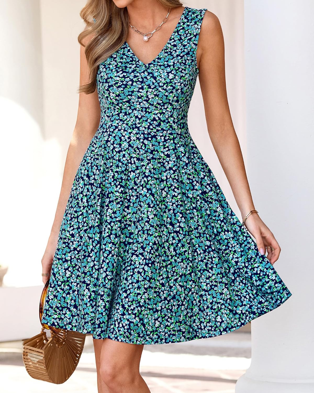 BTFBM Womens Summer Dresses 2026 Spring Casual Sleeveless Floral Knit Flowy A-Line Mini Dress Pockets Beach Sundress