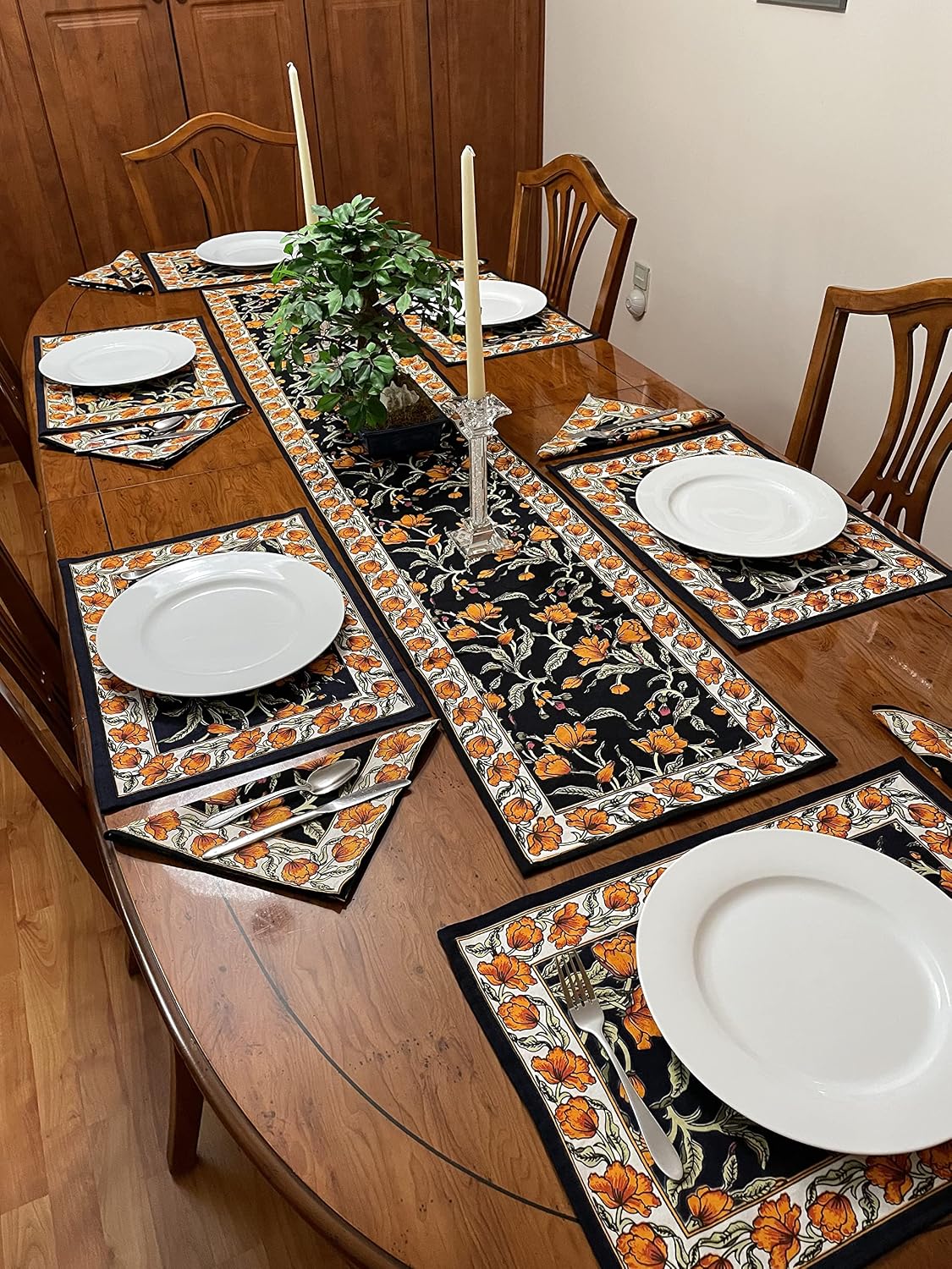 India Arts French Floral Table Linens Set, 100% Cotton, Table Runner 72", Place Mats Set of 6 13x19, Napkins Set of 6 19x19, Amber on Black