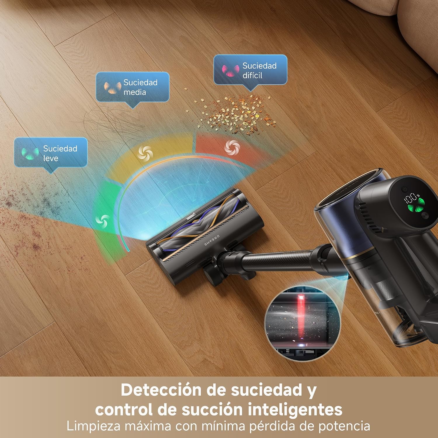 DREAME R20 Pro-A Aspiradora Sin Cable, Corte de Pelo Antienredo, Plegable en 90°, Pantalla LED, Succión de 26,000 Pa, Alfombras y Suelos Duros, Iluminación CelesTect, hasta 90 Minutos de Autonomía 9