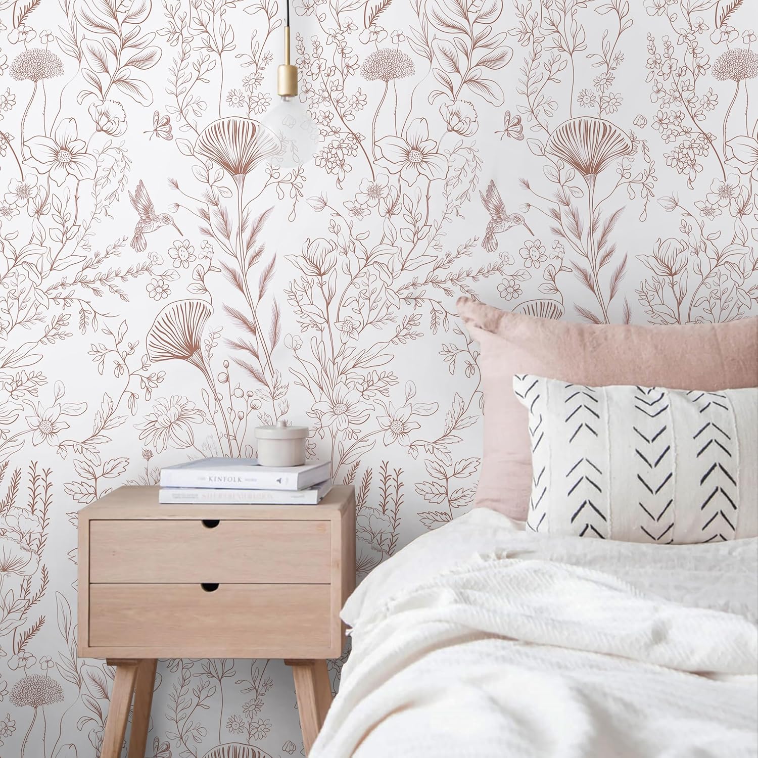 CiCiwind 17.3”×197”Peel and Stick Wallpaper Pink and White Floral Wall Paper Boho Self Adhesive Removable Contact Paper Bedroom Bathroom Kitchen 17.3" x 197" Pink and White