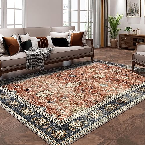 Miniatura 3 de Alfombra clásica, lavable, de pelo bajo, con estampado floral, antideslizante, persa, estilo bohemio, para interiores o sala de estar, 4 x 6 pies,