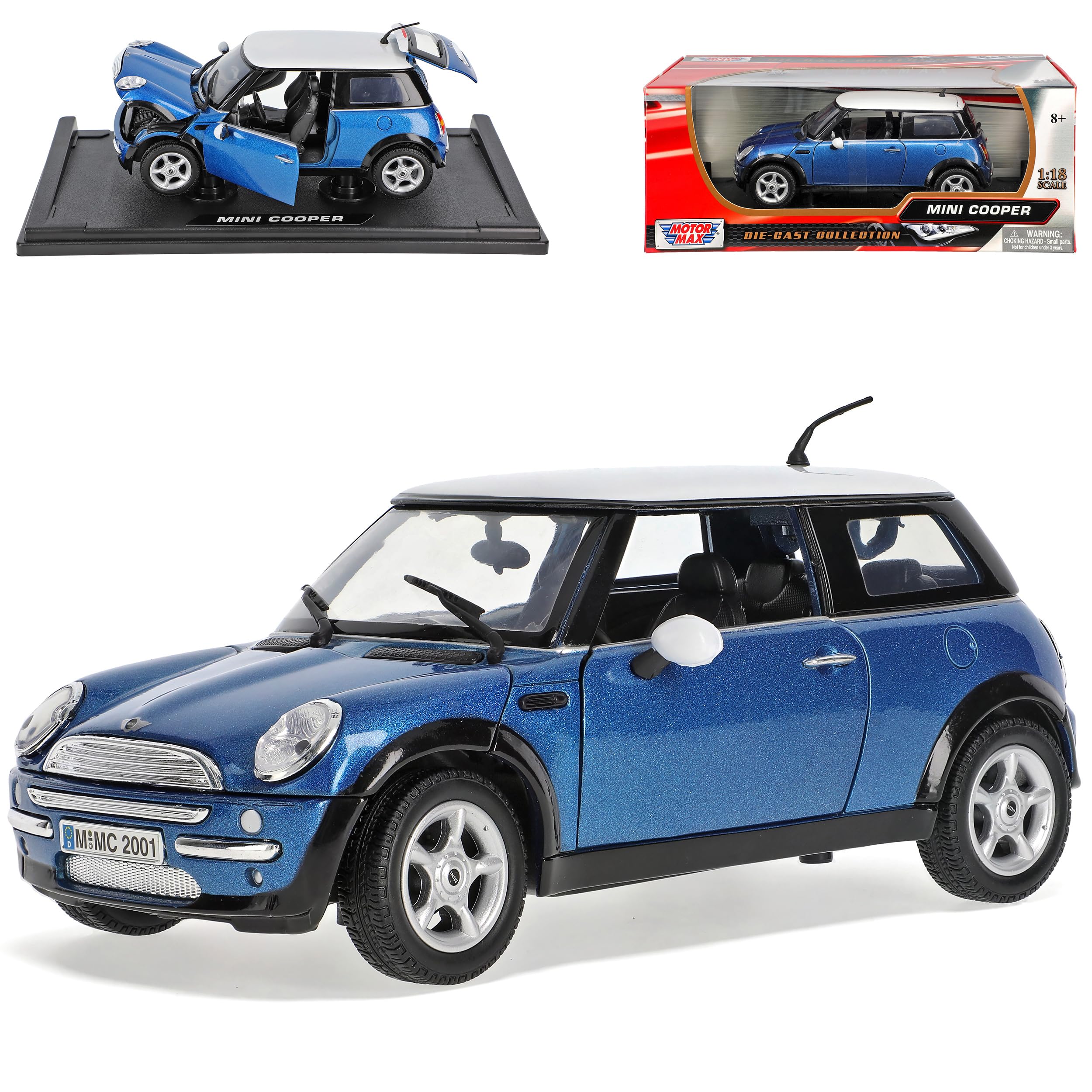 Motormax Mini Cooper R50 Blau mit Dach in Weiss 2001-2006 1/18 Modell Auto