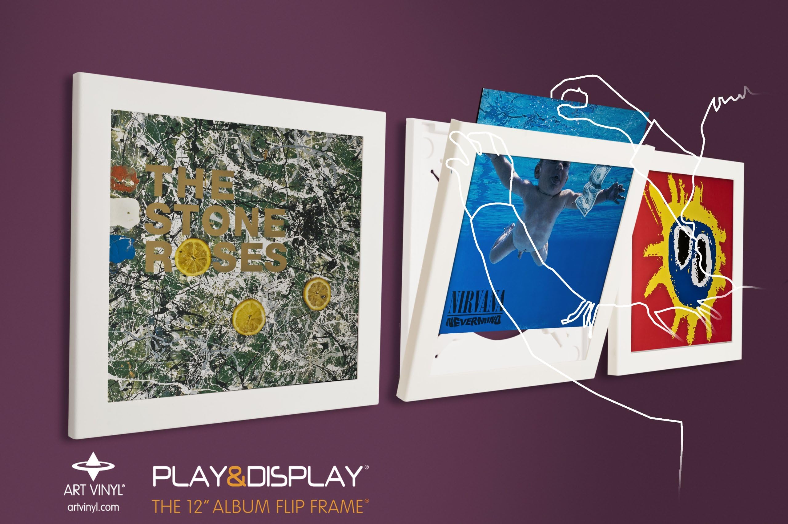 PLAY AND DISPLAY Art Vinyl Record Frame 3 Pack, Holds Single or 1–3 LPs/Double LP Gatefold Sleeve | 15" x 15" White Flip Frames with UV Protection and Scratch-Resistant Acrylic, Easy Wall Mount