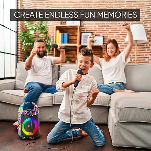 Miniatura 12 de MASINGO Máquina de karaoke para niños y adultos con 1 micrófono inalámbrico de karaoke y 1 micrófono con cable, altavoz portátil PA con luces LED