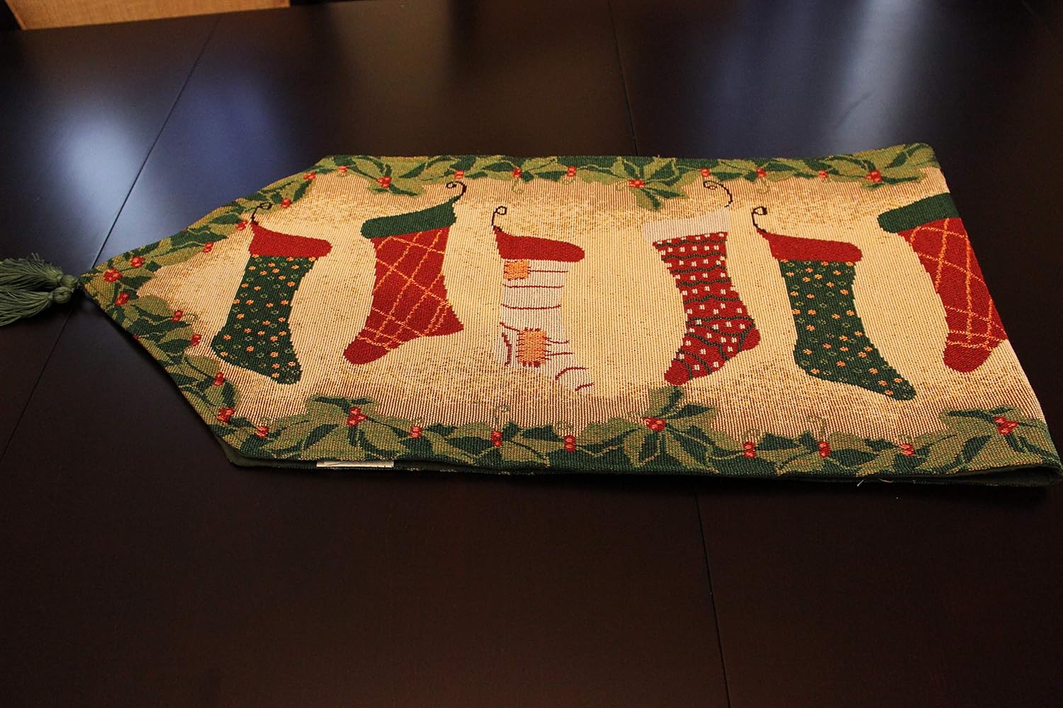 Tache Merry Christmas Stocking Holiday Woven Tapestry Green Long Kitchen Dining Table Runner 13 X 90 in