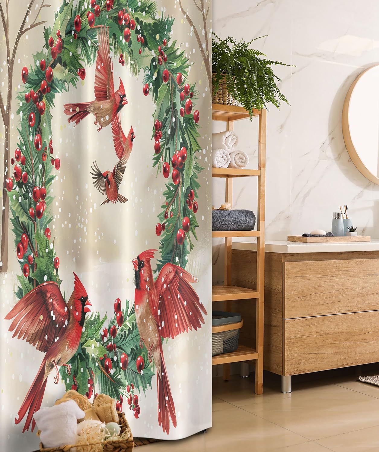 Ambesonne Christmas Stall Shower Curtain, Vintage Red Cardinal Birds and Xmas Wreath Ornate Snowy Visual, Fabric Bathroom Decor Set with Hooks, 36" W x 72" L, Dark Coral Green and Beige