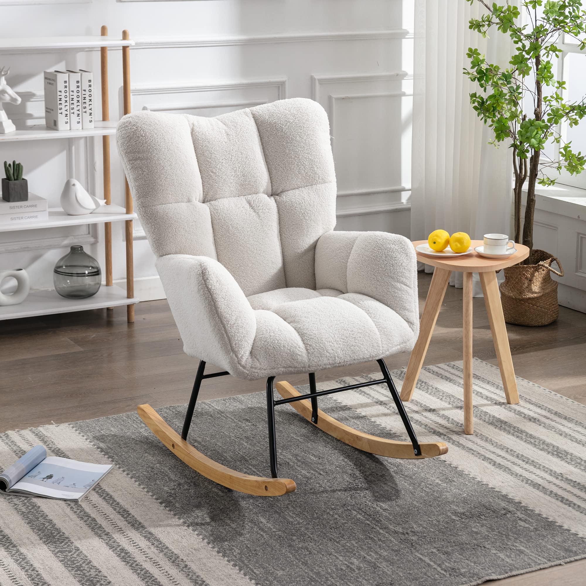 Sedia A Dondolo In Peluche Teddy Multifunzione, Con Gambe In Legno, Tasche Laterali E Cuscino Extra Comodo