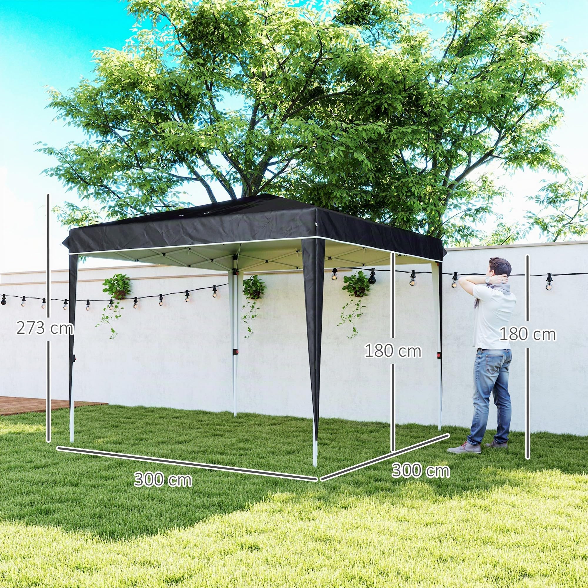 Outsunny Gazebo 3x3 m Pieghevole Pop Up Regolabile da Esterno Nero | Fori di Drenaggio, Metallo e Tessuto Oxford, Sacca di Trasporto, UV50+, per Giardino Feste Campeggio