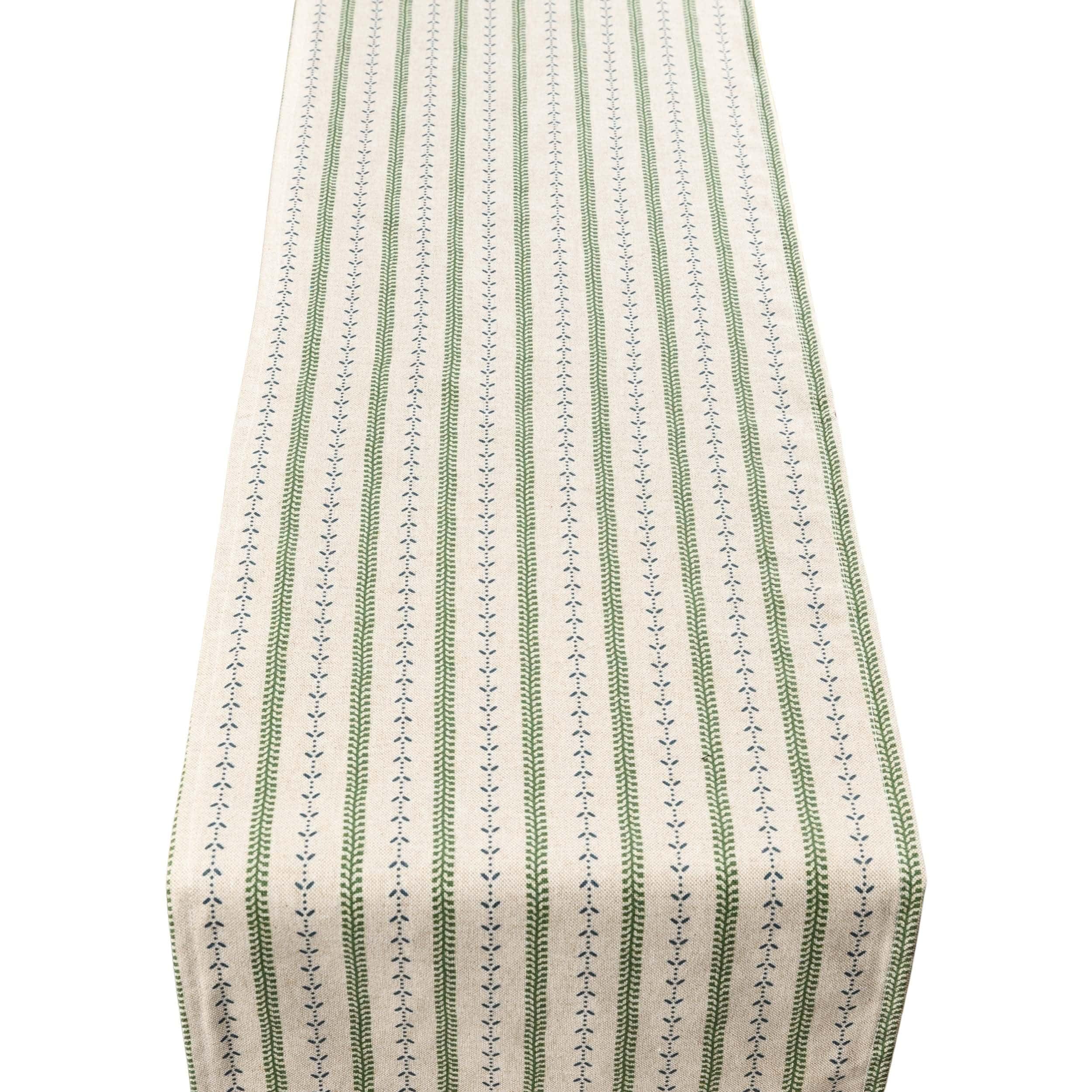 Linen Loft Blue Cotswold Countryside Stripe Table Runner In Soft And Sage Green. Cottagecore Shabby Chic Style. Available In Two Sizes (30Cm X 230Cm)