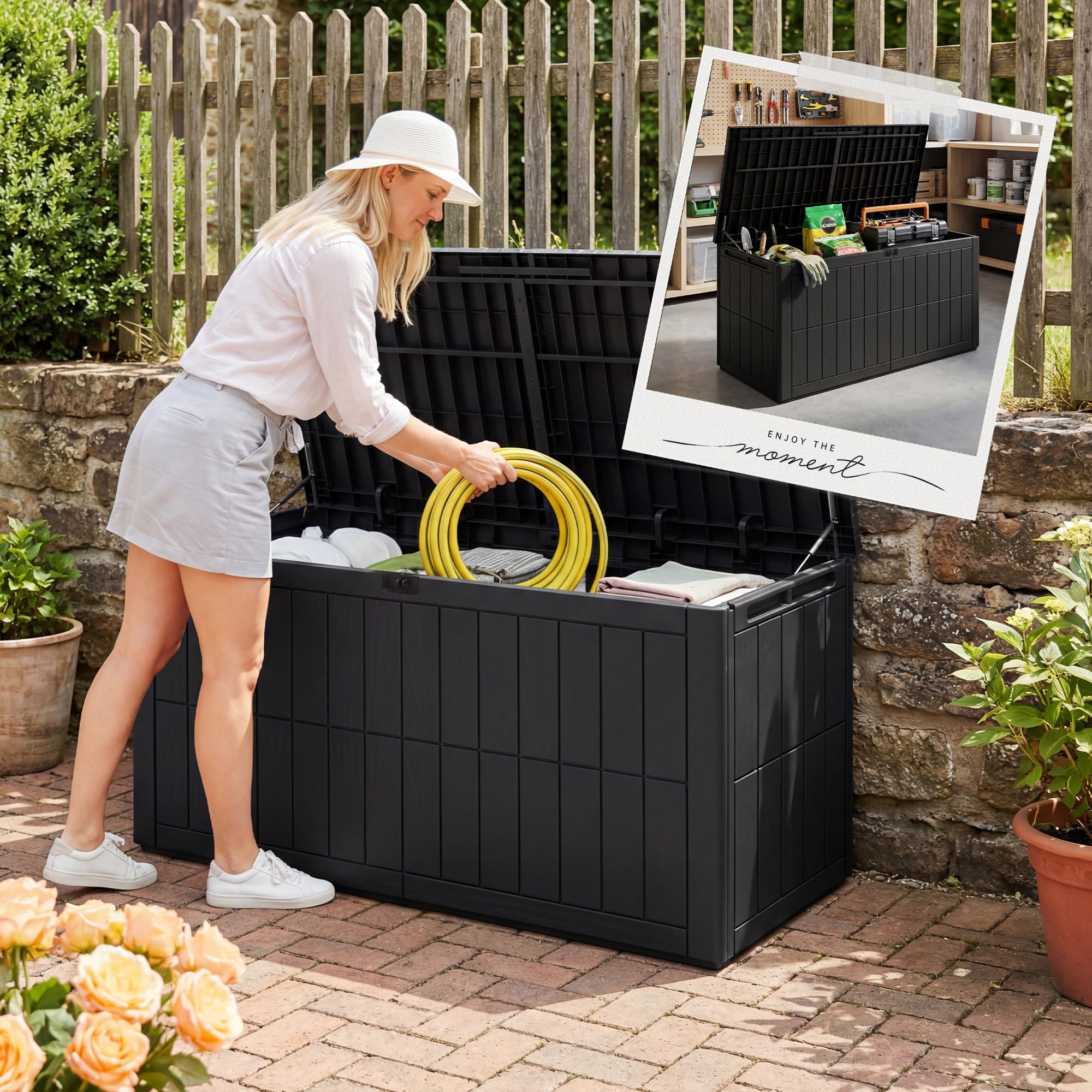 UDPATIO Baule da Giardino Impermeabile 450L, Box Contenitore da Esterno con Molla a Gas, Cassapanca Portacuscini in Plastica per Attrezzi e Accessori Piscina - Antracite