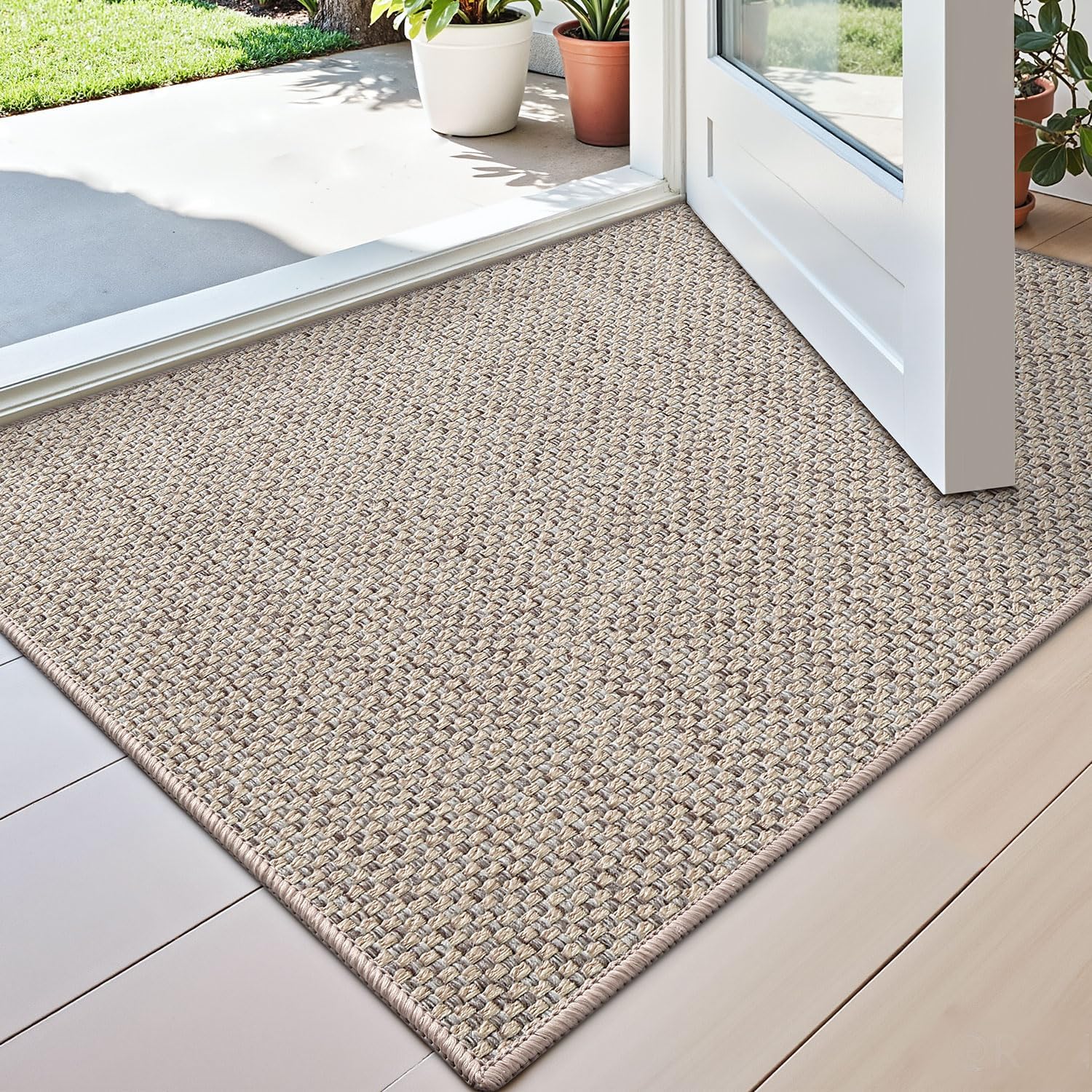 dexi door mat inside entrance 24x36, ultra non slip rubber backed dirt trapper, low profile thin welcome doormat, absorbent easy clean entry mats for entryway, patio, beige 2' x 3' (rectangular) beige