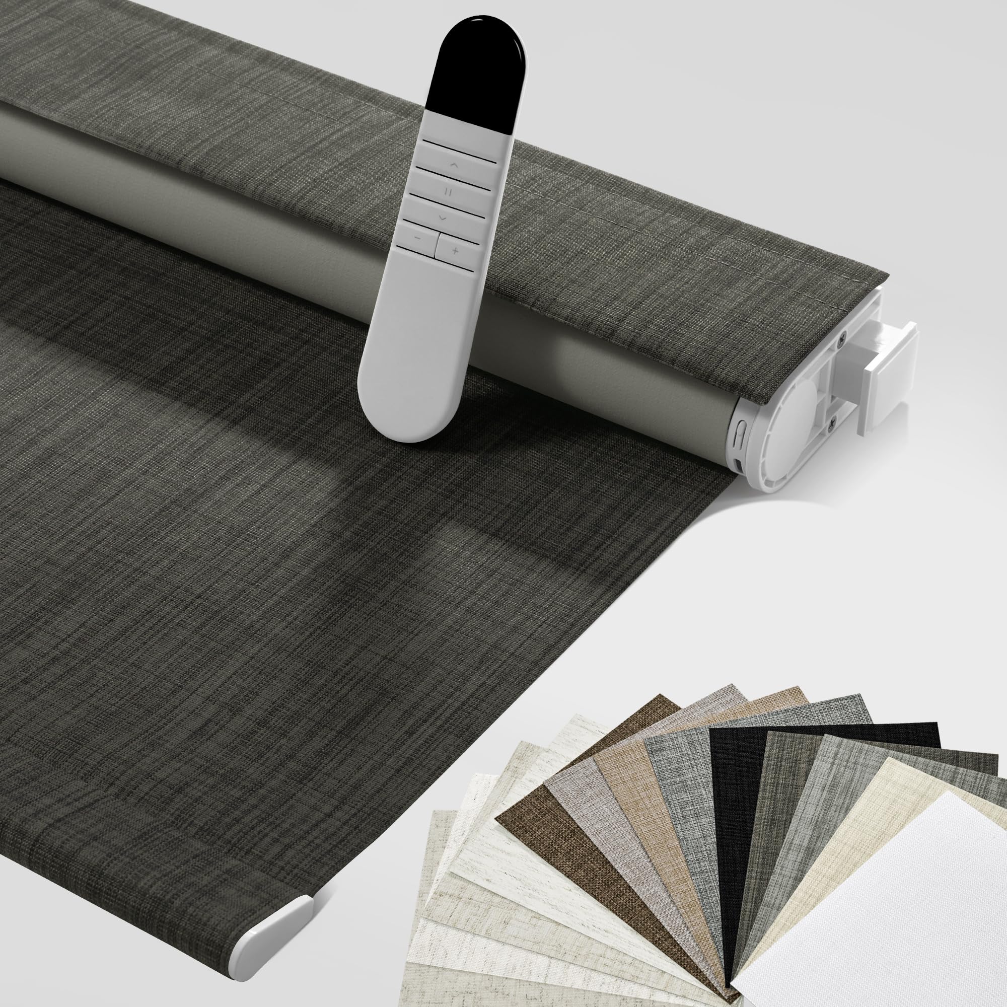 Boolegon Motorized Roller Blinds with Remote, No Drill Smart Roller Shades for Indoor Windows, Blackout Linen Fabric Rechargeable Electric Blinds for