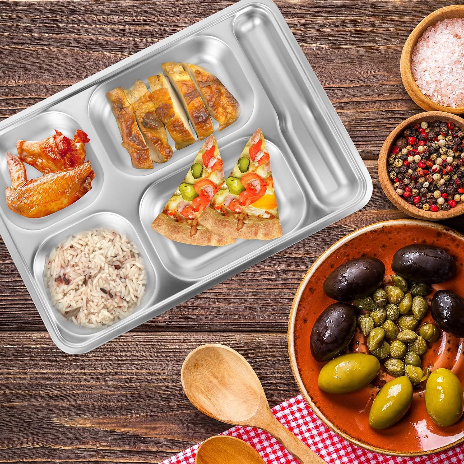Extra-large Stainless Steel Divided Dinner Tray with Deep Four Compartments and Spoon Slot Lunch Plate for School Canteen Camping Picnics Cafeterias Food Service Use