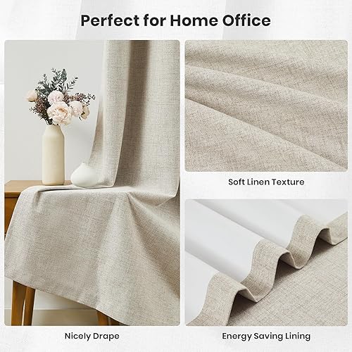 Miniatura 5 de Melodieux Juego de 2 paneles de cortinas opacas de lino beige de 84 pulgadas de largo, cortinas de bloqueo de luz con aislamiento térmico con ojales
