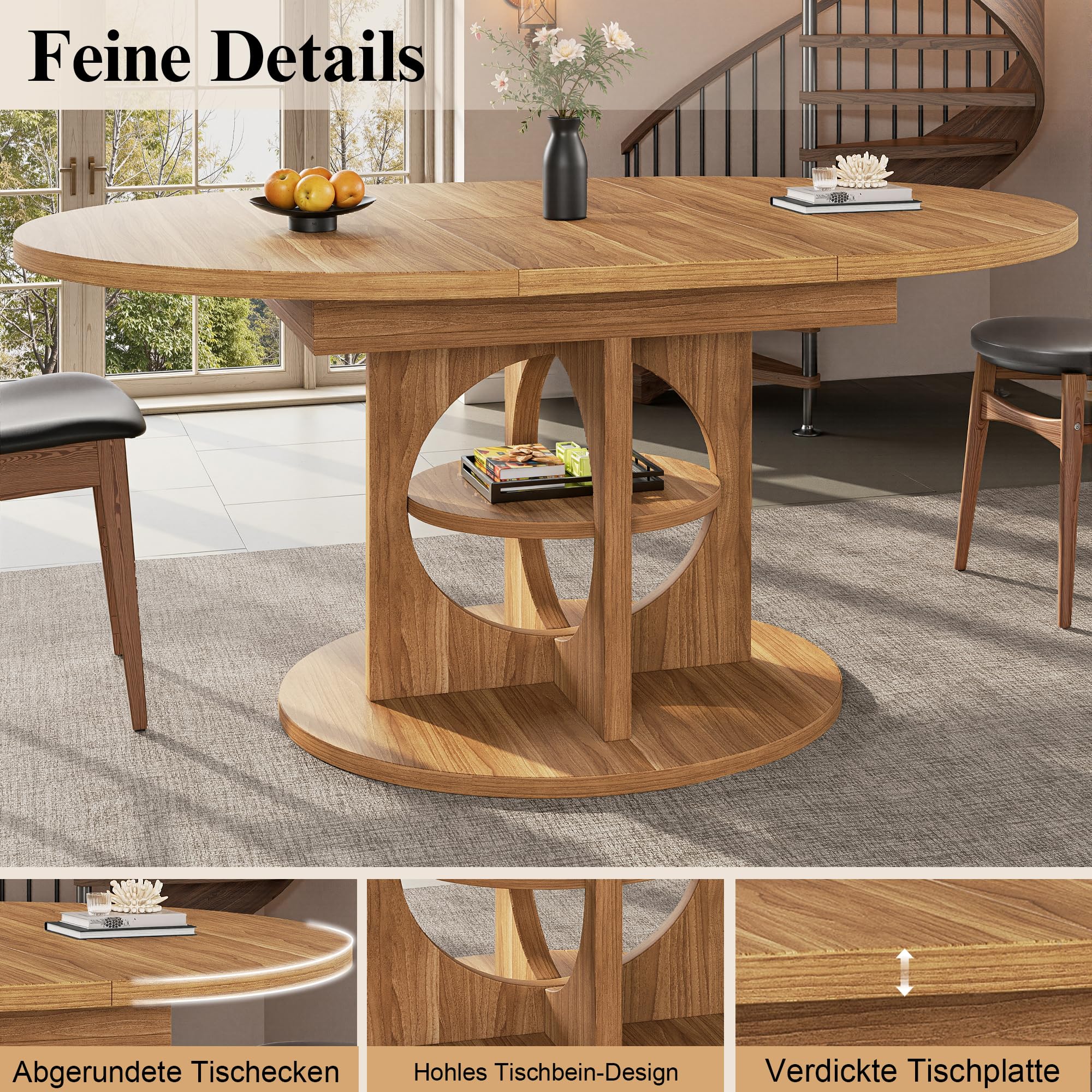 Kebnor Tavolo da pranzo allungabile con vano portaoggetti, 110-150 cm, effetto legno, portata fino a 60 kg, da rotondo a ovale (legno naturale)